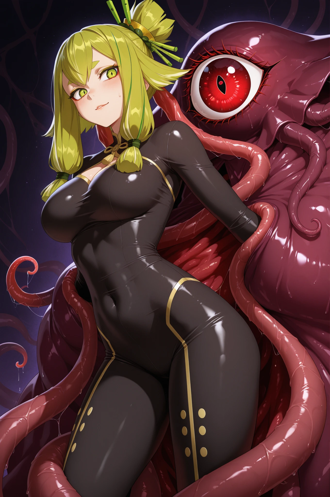 (masterpiece), best quality, expressive eyes, perfect face, ((1 mature woman, solo, looks smart, blond hair, short bob hair, glasses, azure pilot suit, pantiles, torn clothes, mechanical armor, broken armor)), large breast, large butt, ((alien tentacles, tentacle monsters, monstrous tentacles, defeated by tentacles, tentacles , tentacles breast grab, restrained by tentacles, swarm tentacles , tentacles , )), (()), , look happy, shy, blush, sweat, in the spaceship,