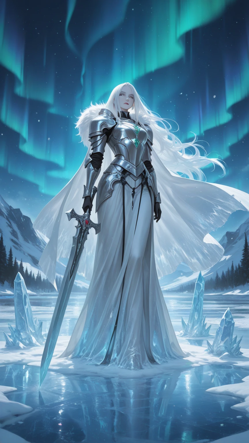 (Long Hair) (Silver Hair) (Jet Black Armor) (moon) (Dark blue eyes) (Carry a long sword),beautiful girl,One person