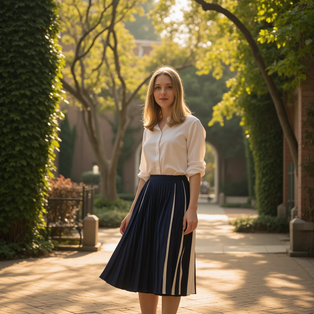 A smiling, authentic, (shy:1,3), kind, beautiful woman, is passionately in love with her skirt, wind wildly flowing her skirt, wearing short blazer and (long (fully pleated) full circle skirt) and (low heeled court shoes), very, very intricate hyper-detailed symmetric (attractive graceful young feminine face) with (sad, tired eyes and a loving smile), very  , full of empathy and compassion and love, (pronounced (feminine) features), (highly detailed ultra accurate realistic) hands and fingers, (windy), epic composition, highly detailed attributes, (35mm f1.4 Kodak portra 400 photograph), extremely high quality RAW photograph, highly detailed atmosphere, sci-fi, cinematic shot, dynamic lighting, 75mm, Technicolor, Panavision, cinemascope, sharp focus, fine details, 8k, HDR, realism, realistic, key visual, film still, superb cinematic color grading, depth of field