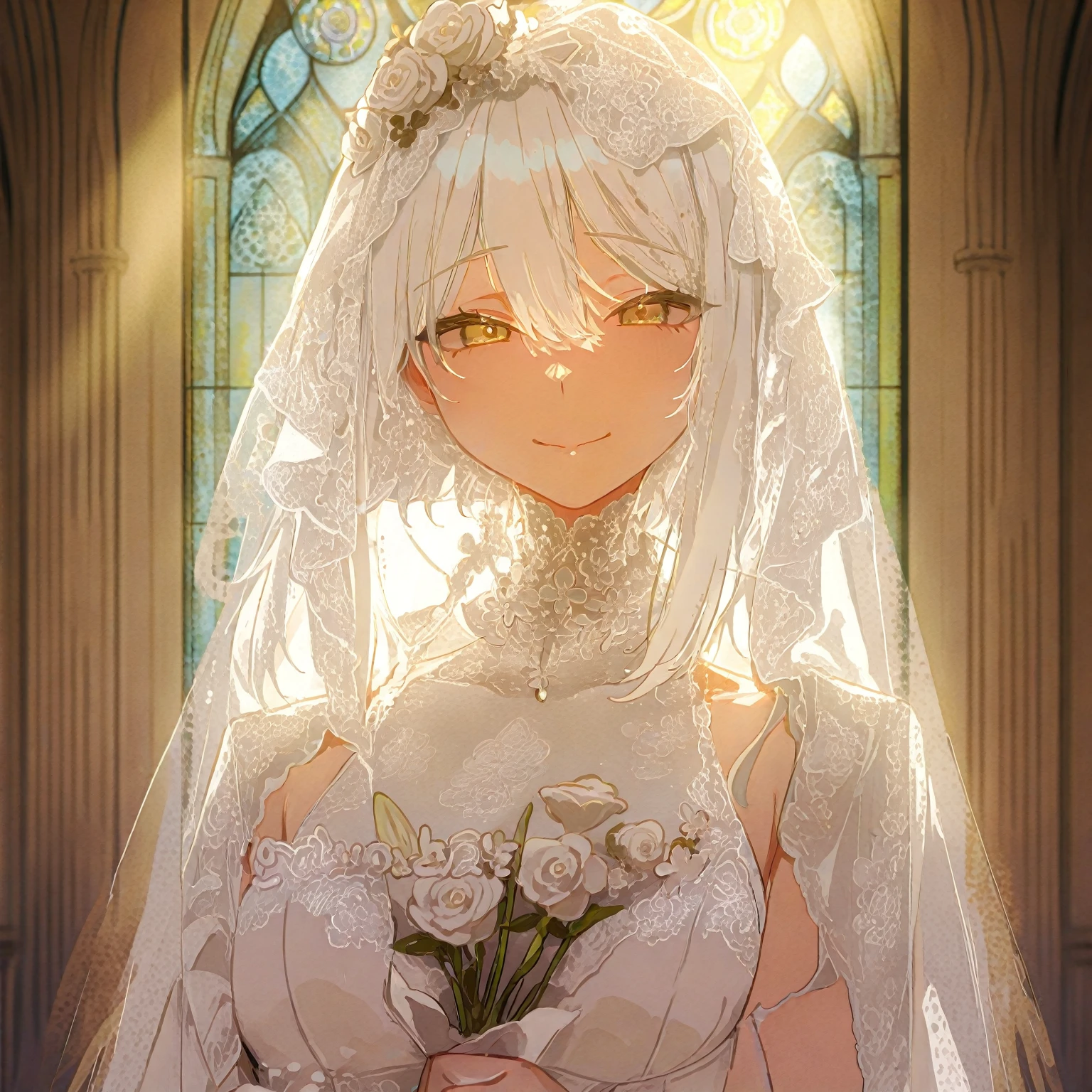 1 girl,KasuganoSora, Sora,white pantyhose,wedding dress,white gray hair,long double ponytail,bridal bouquet,wedding veil