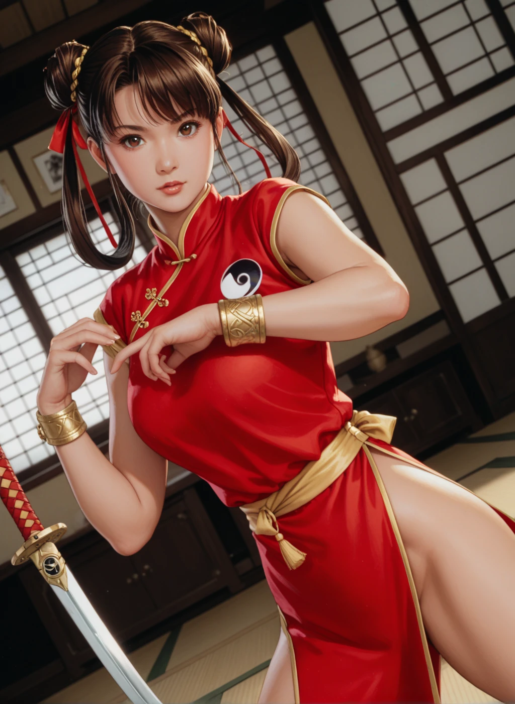 (exquisitely detailed CG unity 8k wallpaper, masterpiece-quality with stunning realism), (best illumination, best shadow), (best quality), (elegant style:1.2), Arti modern anime. angled view, heroic pose, midshot, (cel-shading style:1.3), centered image, ultra detailed closeup portrait of (Mai Shiranui:1) from (King of Fighters), best quality, expressive eyes, perfect face, highres, (ultra details), 1 girl, solo, brown hair, hair ornament, eyeshadow, gold, white and red qipao, highly ornamented, in the city of Japan, portrait, looking at the viewer, piercing eyes, full body, (light from the angle:1) (wind blowing:1.2).(depth of field effects:1.3) (motion action:1.2) (closeup:1.2) (angled closeup photography:1), (motion blur effects:1), wide angles, spreading feet, Thin to ,see-through,(((Soggy-kimono:1.2))),Lace fabric, (((water-immersed body: 0.9))),jewelry, relaxing pose, (dress on fire:.7), ((Leaning forward:1))