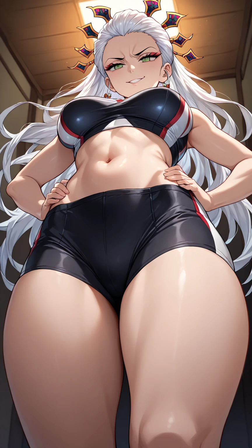 Masterpiece, Best Quality, finelydetail, high resolucion, Extremely delicate and beautiful, Huge breasts, thick-thighs, slim waist, Platinum Blonde Hair, Long hair, hair behind the ears, Drag racing, Midsummer Racing Circuit, race car, Racing Girl, s whole body, ((((huge muscles))))