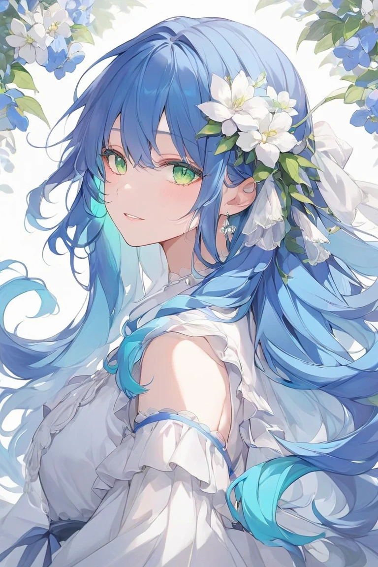 natural lighting, soft smile, floating hair, spring ephemerals