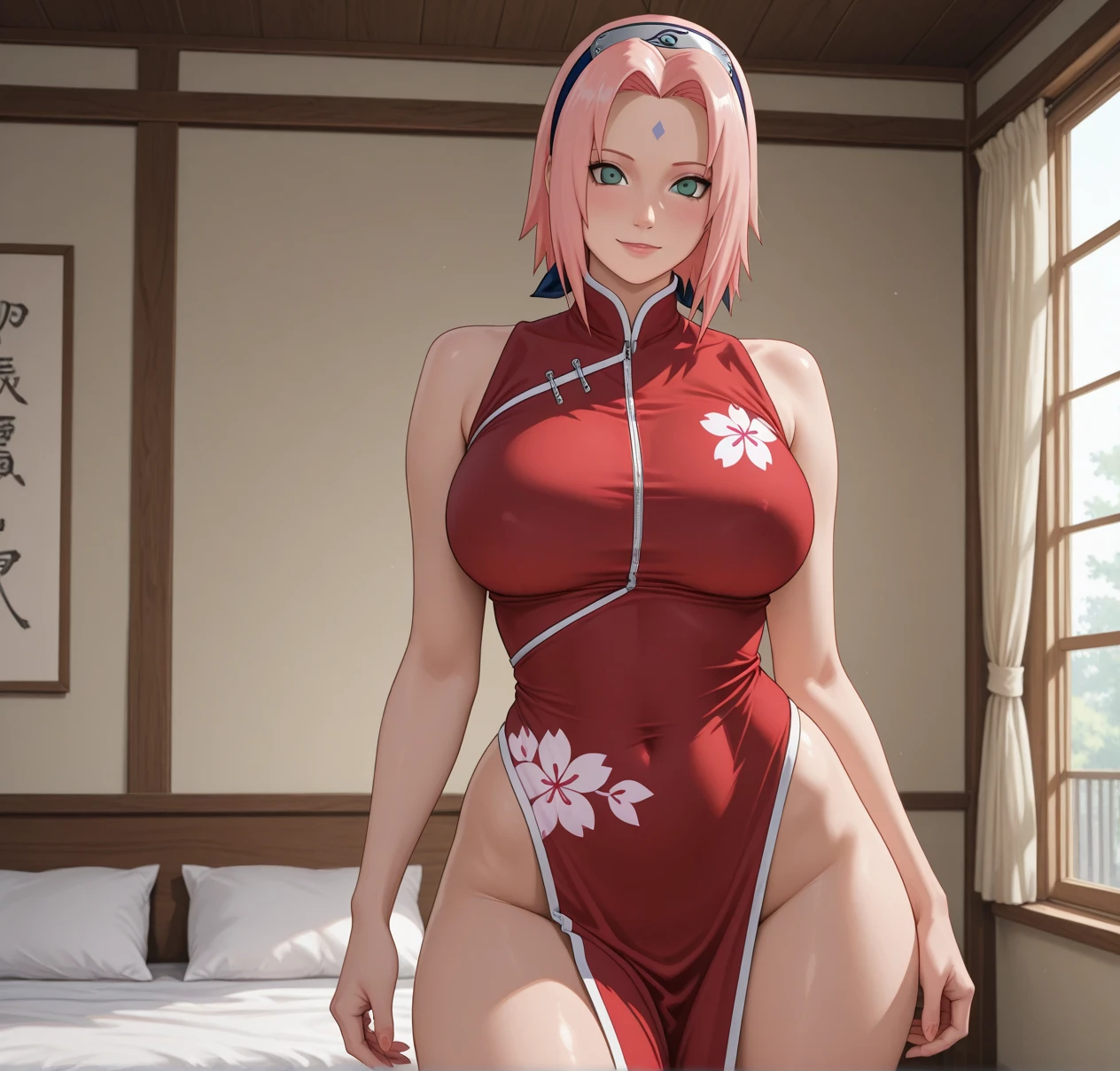 Sakura Haruno,sexy vestido provocativo rojo y blanco mostrando ropa interior,Muy ocupado,en la cama abierta de piernas mostrando  dimunuta ,Luces profesionales,Realista 8K,enormes tetas, cintura modelo apretada