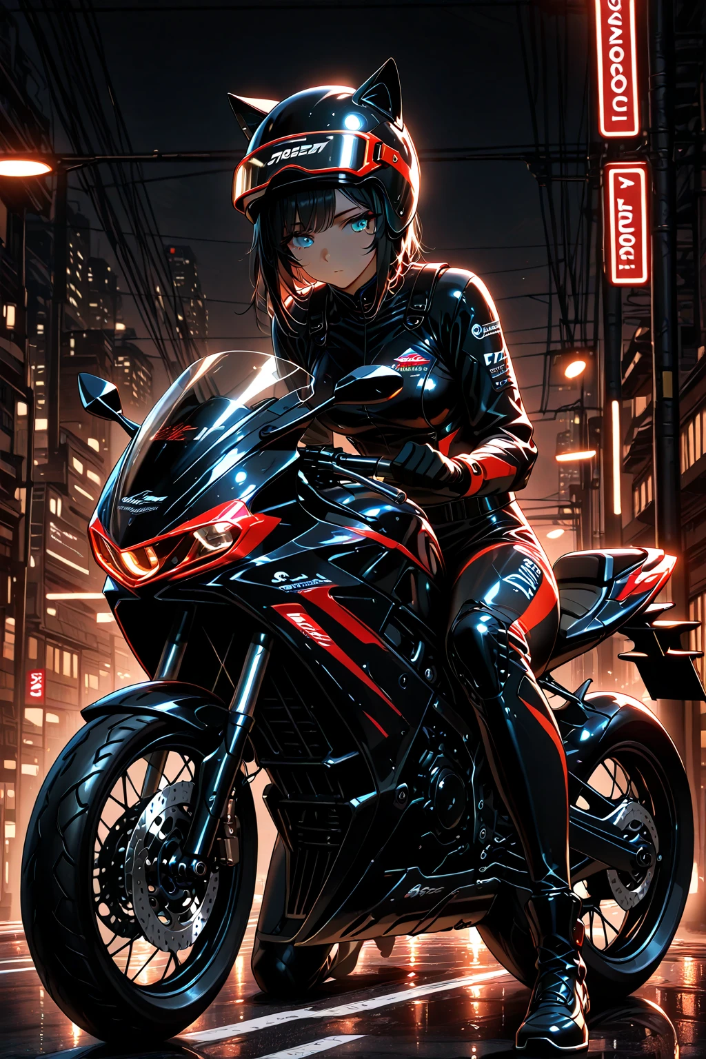 (8K),(Photorealistic:1.4),masutepiece, Best Quality,One big bike girl with shiny rear wheel of cybersport type, Wide Angle, Solo, Black rider with fluorescent blue lines, thighs thighs thighs thighs, Black hair knot, Black eyes, (Cyber Future City), Highway, machinery, Bolides, motor cycle, the panorama, SPEEDLINE, Motion Blur, depth of fields, Perspective, the panorama, Floating hair, natta, neon trim, Turning with sudden braking, Smoke automobile tail light line from motorcycle drift tires), dynamic compositions, Turn the front wheel, Sense of speed, (Motorcycle Sink Shot), Flowing Neon Lights, (Smoke from the rear wheel of a bicycle), (Exhaust to the back of the bicycle: 1.2), A bike leaning parallel to the ground flows across the screen (Motorcycle tires emit lightning: 1.4), (Motorcycle wheels glow)