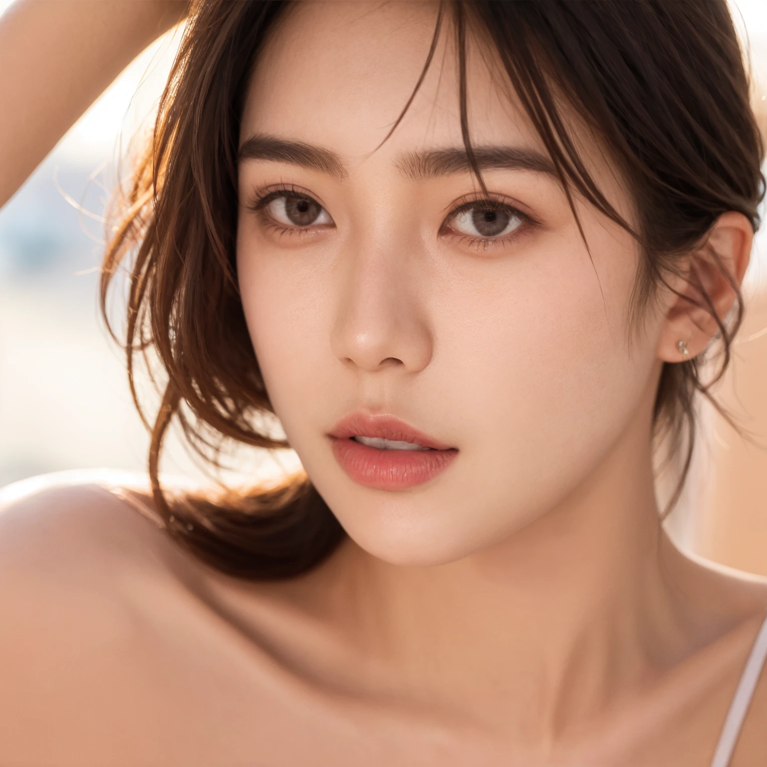 Create a photorealistic image of a beautiful Asian woman with fair, smooth, flawless skin. ample , She has large, round, sparkling eyes with naturally long and curled eyelashes, and well-defined, dark eyebrows. Her nose is straight and high, and her naturally pink, soft lips form a gentle smile. She has short, slightly curled brown hair that highlights her delicate facial features. Her face is oval-shaped, with a wide and high forehead, moderately high cheekbones, and a pointed, slender chin. She is wearing a soft pink sweater relaxed neckline that casually drapes off one shoulder, exposing slender shoulders with ((black trap)), highlighted by the rays of light creating a radiant effect on her skin. The overall atmosphere is serene and intimate, capturing a peaceful moment of solitude and the beauty of the light, mid-shot ,(( light rays)) warm atmosphere