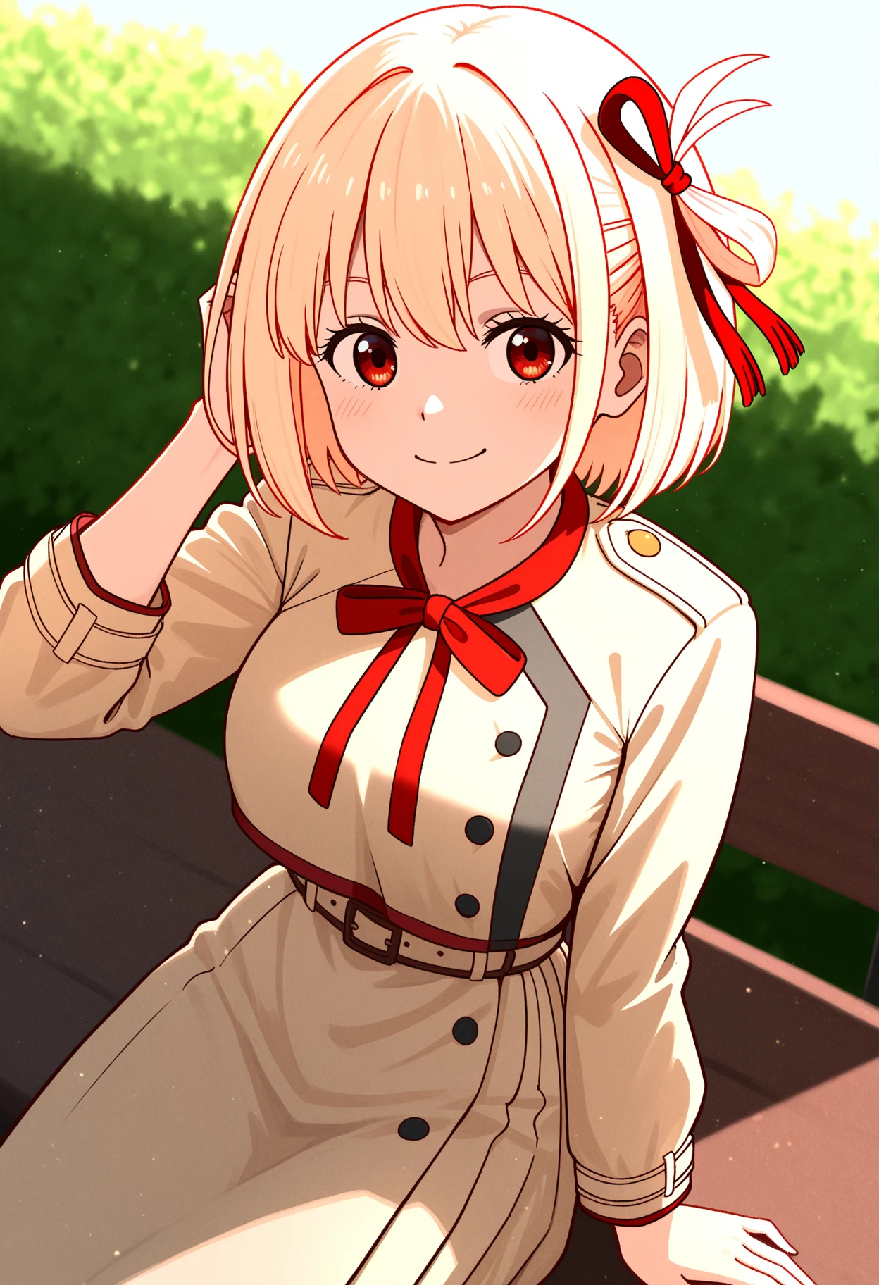 chisatonishikigi, Chisato Nishikigi, Long Hair, bangs, blonde, (Red eyes:1.5), Hair Ribbon, One side up,happy smile, smile, Open your mouth,smile,blush,Red sleeveless dress,White long skirt, arms,Rocket Pendant,Cute Sandals,White Hat,real summer,sunny,It's as if your whole body is in the illustration., break outdoors, Coastal Road, break looking at viewer, (Cowboy Shot:1.5), break (masterpiece:1.2), highest quality, High resolution, unity 8k wallpaper, (shape:0.8), (Beautiful details:1.6), Highly detailed face, Perfect lighting, Highly detailed CG, (Perfect hands, Perfect ),