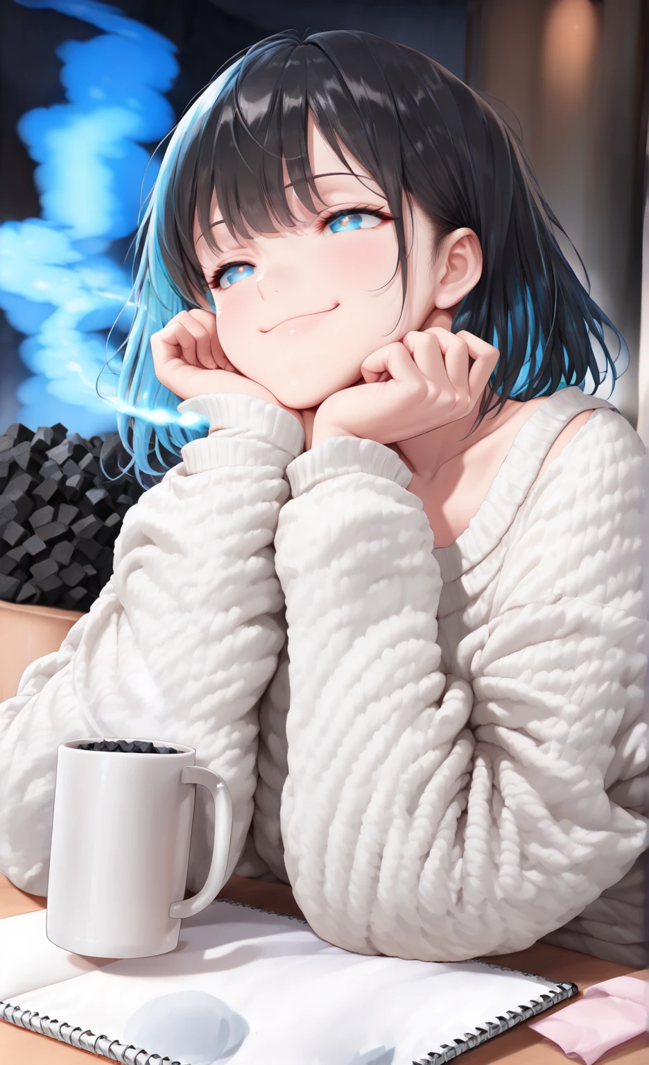 (((1 person　Gray Hair　Sit on the sofa　Crossing your legs　blue eyes)))　((High resolution　short hair　hoodie　Black Skirt　Rin々Funny face))　((Close-up))　((Blue butterfly　Asahi　Shining Aura　Catch the wind　Holding a cup　Drink coffee))　(smile　Bathed in light)　Shining Background　Shining Edge