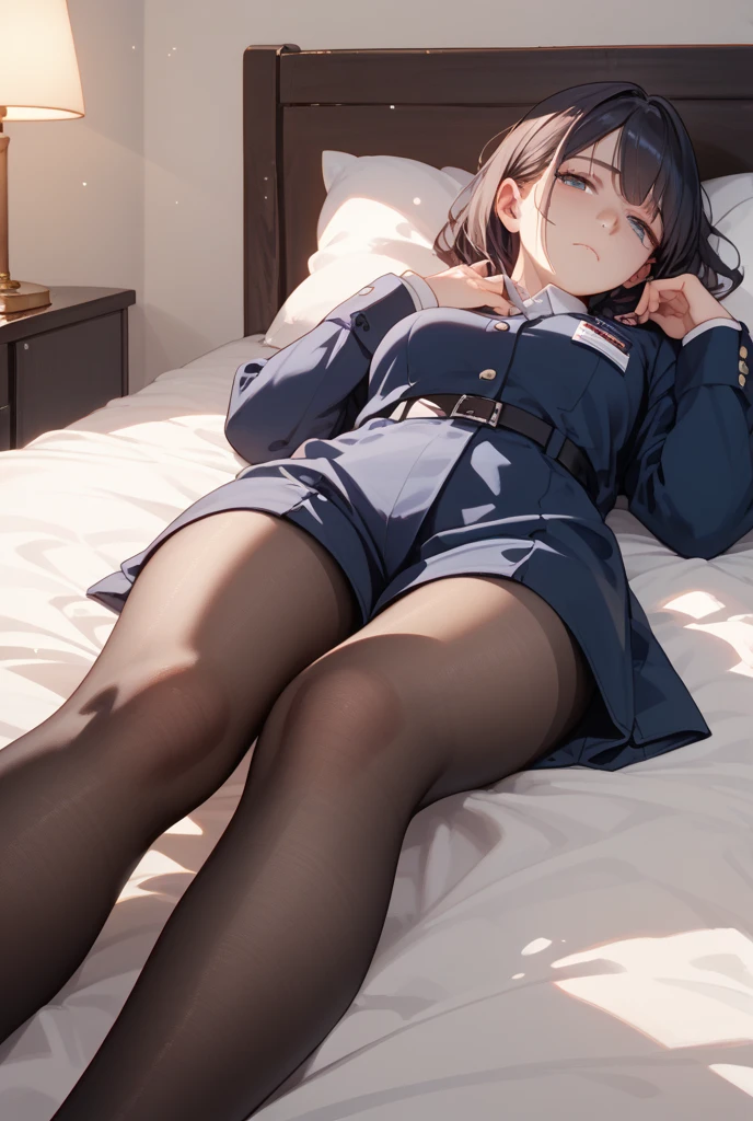 Top quality, masterpiece, High resolution, (Head to toe full body view), Front view from slightly below, symmetrical composition, Composition with accurate balance throughout the body、18 years old, slim and beautiful girl, alone, (Small ???????), (No shoes),Messy Hair, bangs, (black tights), (Black Pantyhose), (Sitting on the floor with ??????????), (A pose in which the legs are spread apart on the bed), tied up with both arms hidden behind the back, (Composition showing white panties), (her legs spread、I see white panties.), (Open mouth with a pained expression), blush, Shy big eyes, Looking at the camera, Blazer uniform, Checkered Pleated Skirt