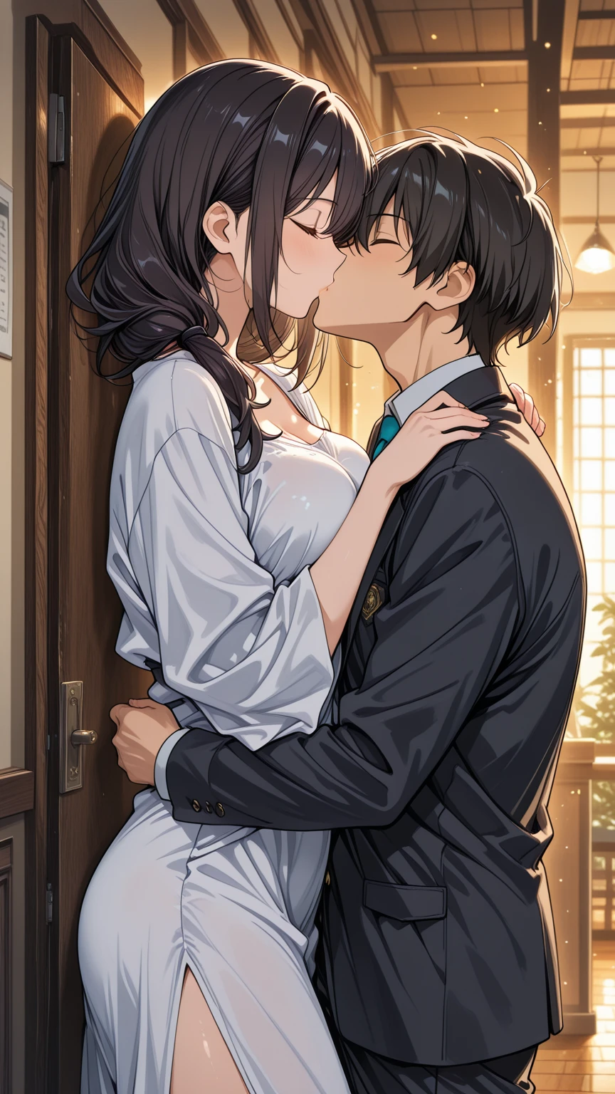 shinkai makoto, kimi no na wa., 1boy, buzzcut,office suit, boy caressing girl's body, kiss cheeks, passionate hug, boy is hugging , 1girl, bangs, black hair, brown eyes, parted lips, Twisted Half Up, red ribbon, long hair, long sleeve light pink cardigan, , yellow shirt, cleavage, breast, medium breast, storage room, indoors, masterpiece, perfect , cowboyshot