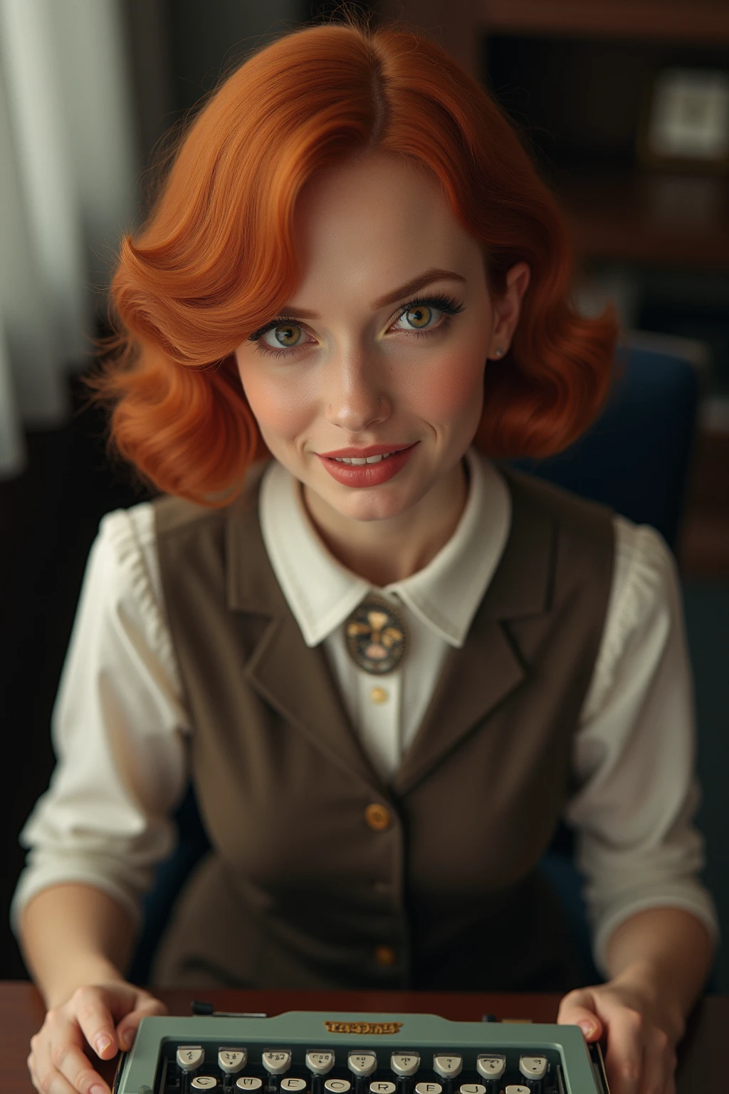 Beautiful red headed woman wearing green satin button blouse, freckles, Karen Gillan, flat , fully buttoned
