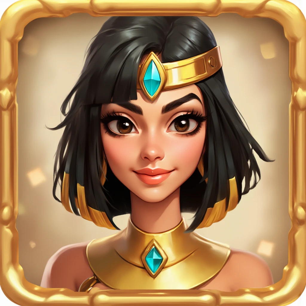 score_9, score_8_up, score_7_up, 1girl, solo, Pharah, brown eyes, (Eye of Horus), (black lipstick), portrait, smug, smirk, Egyptian clothes, outdoors, Egyptian temple,
