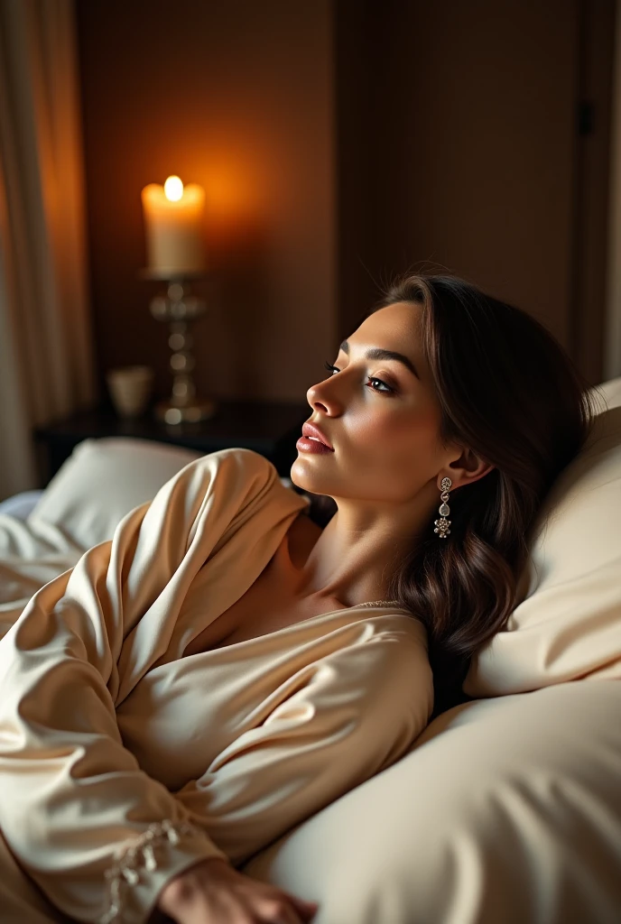 (Photorealism, high-quality, Super Real) Very pretty girl, 20 years old, (detailed face) with very brown hair, and green eyes, smiling wide, white teeth, medium beast, small waist, wearing royal blue  & high heels lying on white bed