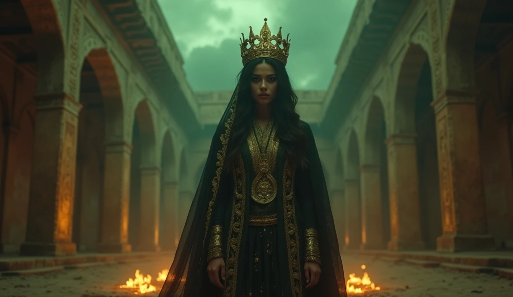 Make a realistic image of a  45 years old Evil  Arab woman. The woman has long Brown hair. The woman has red lipstick on. Shes wearing a Black and gold silk kaftan dress. Shes wearing black pantyhose. She has a pair of Black_backless_slip on_bedroom slippers on her feet. The slippers has the word, “Queen” in  stitched in gold and on the tops of the slippers. Shes wearing a gold queens crown on her head. The background is a royal garden. Make a realistic image of tiny miniscule mens heads (multi races) in the ground.  The woman is walking, storming through the garden. She stomps  on the heads carelessly and angrily as shes looking down at the head with an angry look. The men all look terrified and screaming with looks of fear on their little faces. The back half of the heads are buried ONLY.  She has one tiny head under her right foot. Shes FLATTENED THE HEAD UNDER HER FOOT. She looks down at them with anger. The head under her foot has blood rolling from the eyes, ears, and mouth. 