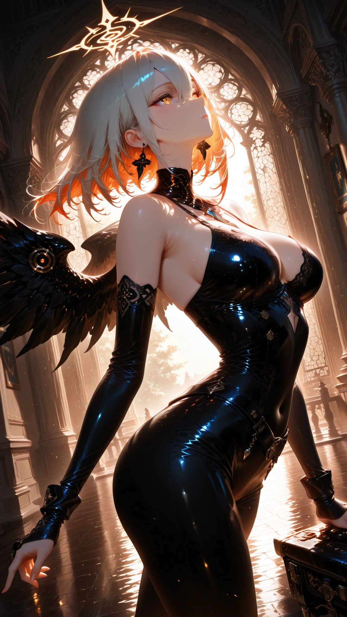 (((beautiful))), nihilister,mechanical parts, mechanical arms, mechanical legs, machinery, dragon tail, pelvic curtain, leotard, red eyes, huge breasts,(((shiny skin))), ((intricate details)), hdr, ((intricate details, hyperdetailed)), cinematic shot, vignette, ((art by alphonso mucha))