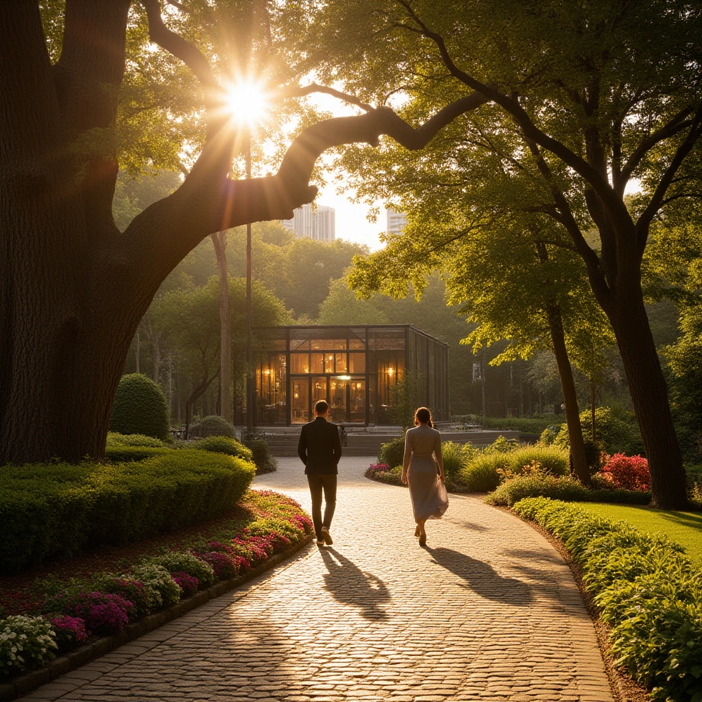 There are two people walking on the sidewalk next to a building, lovely setting, beautiful surroundings, at school, in the garden, with ivy, candid photo, in front of the house, Photoshoot, sunny atmosphere, candid photo, walking in the garden, in an ecological city, by Yi Jaegwan, the city is full of green plants, green alleys