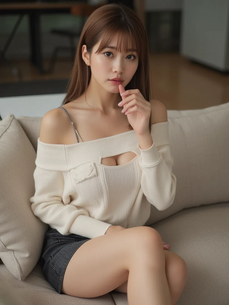 masutepiece, Best Quality, Photorealsitic, finely detail, hight resolution, 8K Wallpapers, Perfect dynamic composition, Beautiful detailed eyes, Medium short wavy hair, Random and sexy poses,Random situationiddlebreasts、(Tight sheer sweater 1.5)、(Sit with both knees bent 1.2)、( 1.2)、A big smile、put out the tongue、Opening Mouth、Love hotel bedroom、Professional Lighting、25-years old、(Drooping eyes 1.3)、Adult beauty、natural make up、japanes、Staring at the photographer