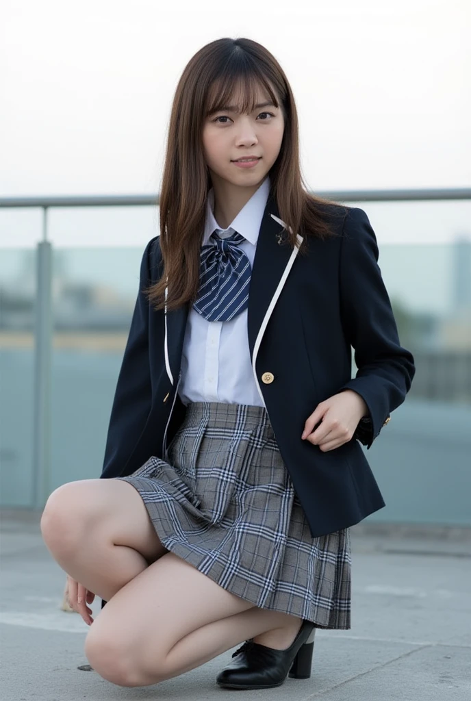 Move the center of gravity back, put your hands forward from both legs, put both feet in the circle of hands, quite embarrassing, , thin legs, tight skirt, standing, sidewalk, RAW photo, 8K, highest quality, super high resolution, beautiful face in every detail, realistic human skin, gentle expression, front view, angle from below, long hair, realistic, photorealistic, cute, short skirt, stand deep in the city, Cute schoolgirl, wearing Japan schoolgirl uniform, surreal schoolgirl, full body, empty-handed, 1 girl, holding skirt, flipping skirt