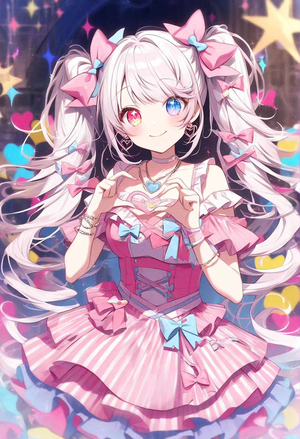 Silver hair, pink eyes, body, cat ears, woman, earrings, sparkle background, hot pink clothes, diamond hair bows, happy face, butterflies 