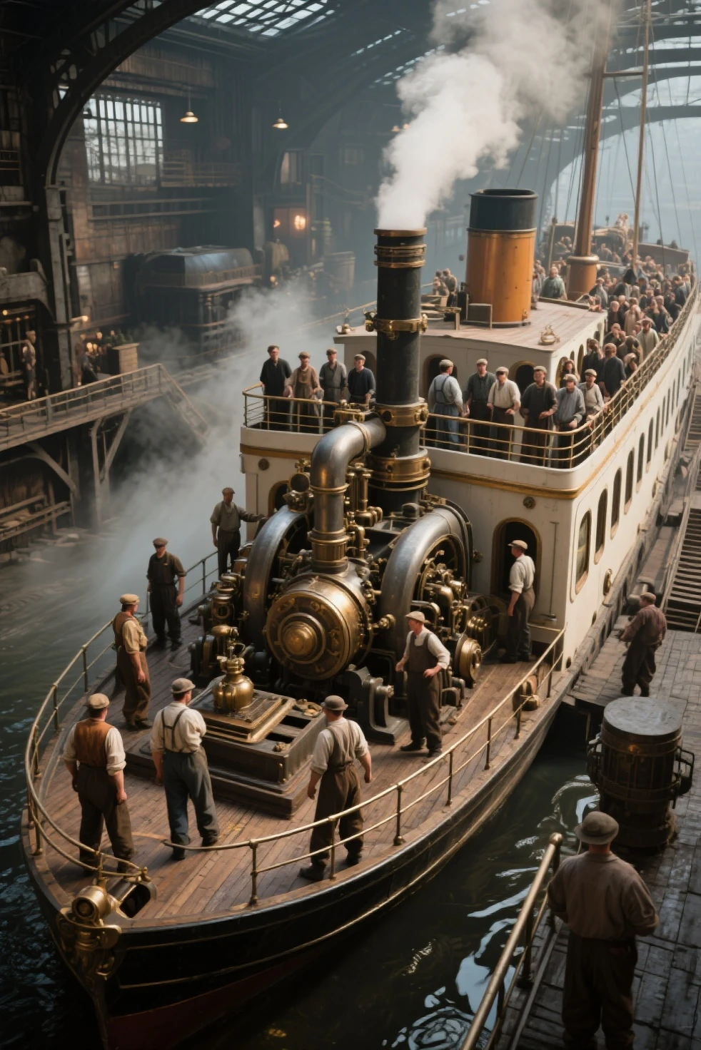 photo focus on male focus, indoors, realistic scenery, (captain nemo:1.1),  put out a fire in the engine room,   loaded military uniform, steampunk nautilus-style. very wide shot, character photo portrait, film, professional, 