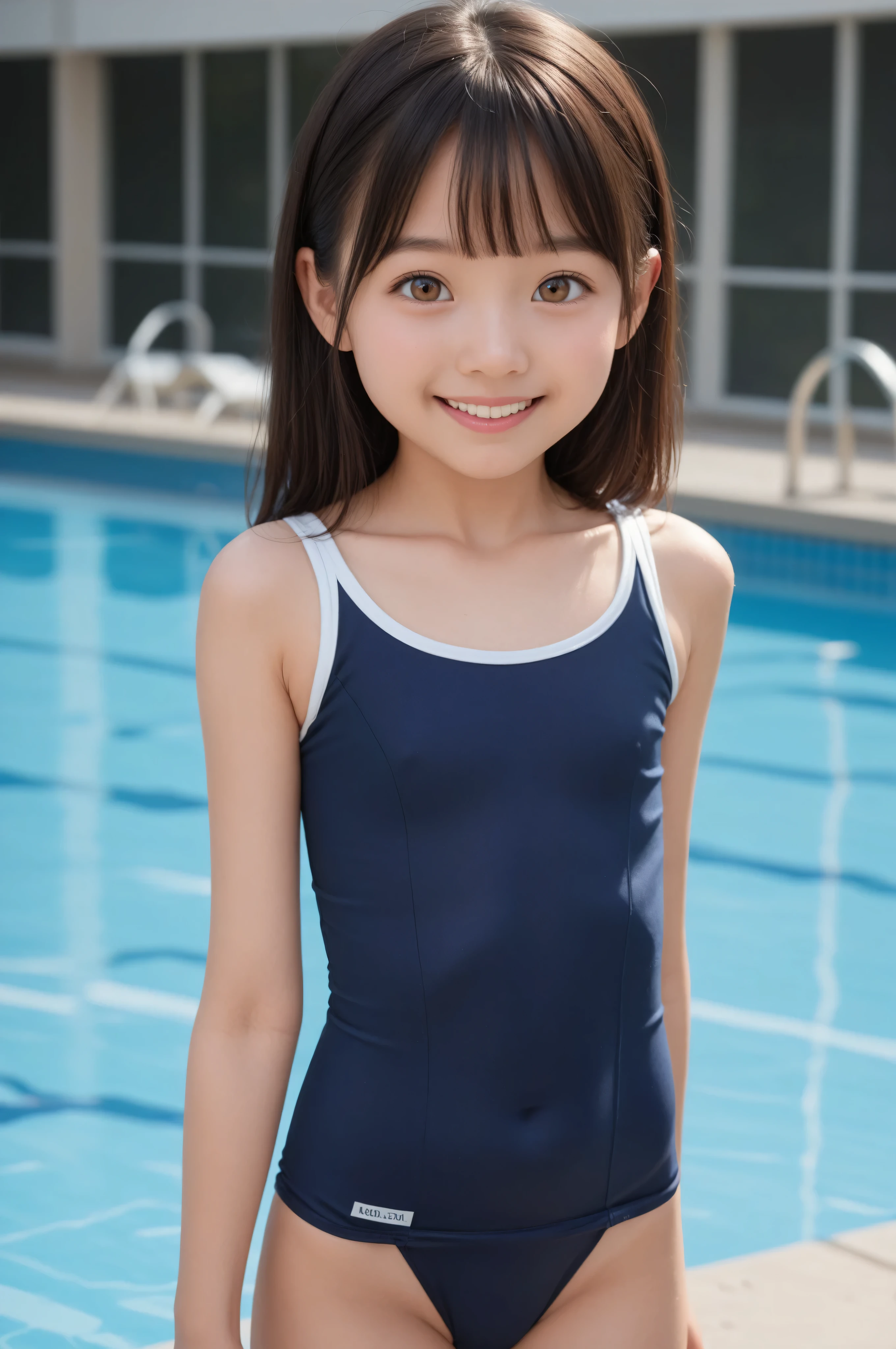 hight resolution、high-level image quality、in 8K、Real live-action、Raw photography、top-quality、​masterpiece、超A high resolution、Raw photo、ren、Beautiful fece、masutepiece、((Obscene content))、For adults、charm of 、absurderes、((((10yaers old))))、((((Japan elementary school students))))、Japan Girl、((with round face))、((Tanuki face))、Cute little face、((Glowing face))、((((Flushed cheeks))))、(((((Shy laughter)))))、A little clumsy face、de pele branca、、Smaller chest、kne、 thighs thighs thighs thighs、独奏、fullllbody、Very nice、((Sheer School Swimsuit))、、 Pleated skirt、((Pubic area))、(Mansuji)、((dark blue school swimsuit))、、sitting on、（Photorealsitic：1.37）、Photon mapping、Realistic、Radio City、Physically Based Rendering、depth of field rally background、a picture、(((a junior idol in Japan)))、Sparkling eyes、shiny lip、too bright natural light、The Bright Sun、Too bright sunlight、Looking at the camera、Sitting by the pool、((School swim wear))、Sitting on legs bending the knees、Squatting、Outside the field、Nipple、teats、, (Small, Flat, Small)