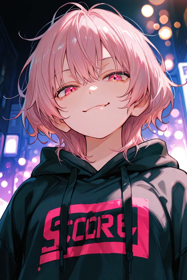 Saika have 14 years old,he is a boy, he has short striking pink hair that falls in soft waves around his face, complementing his vibrant purple eyes. His features are sharp and defined, with a youthful charm that is accentuated by his slender build. He often wears a stylish black jacket over a graphic t-shirt and jogging àd sometimes tight, completing his edgy and modern look, he is in his bedroom. He blush a bit 