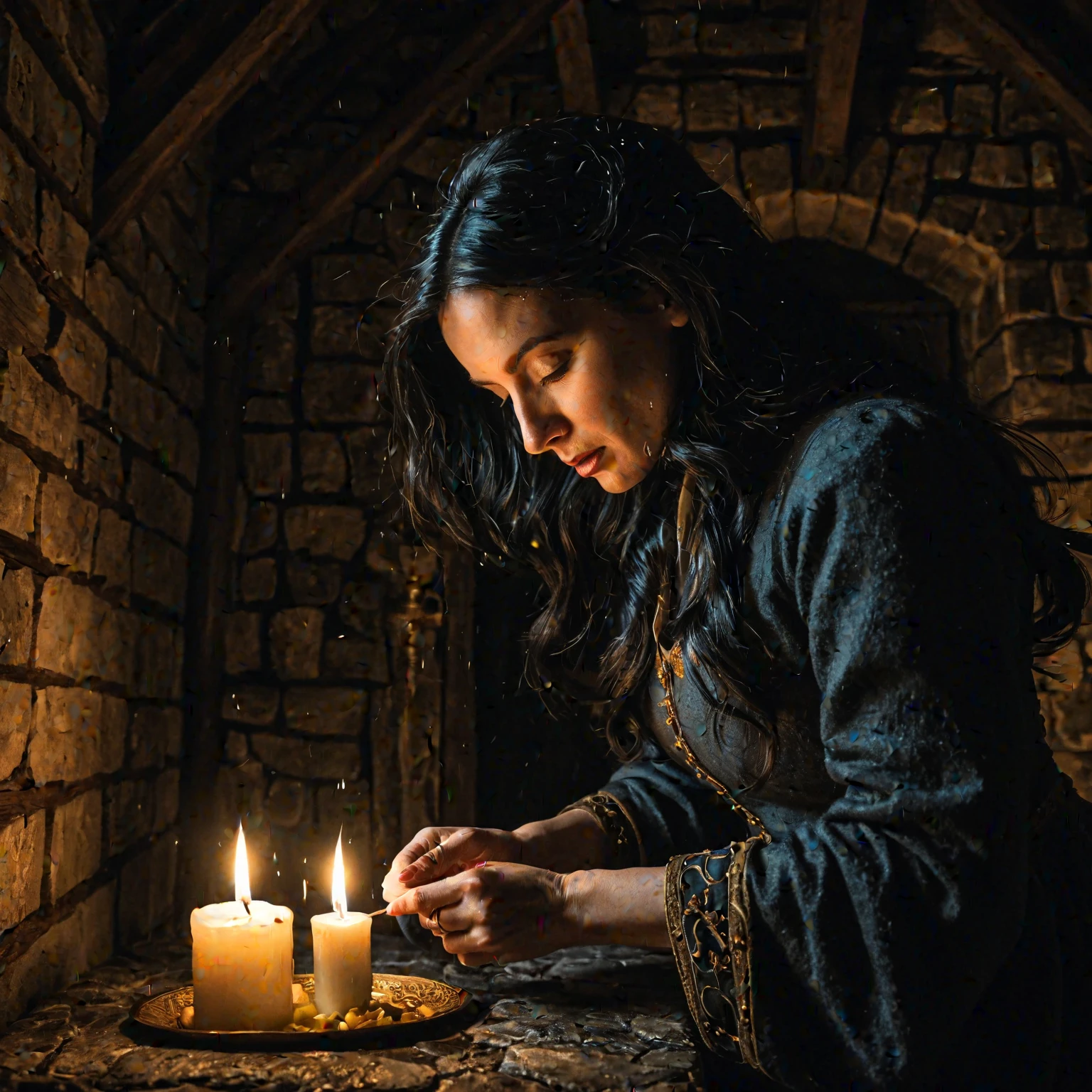 Araffe woman sitting on the floor holding a candle in front of a ...