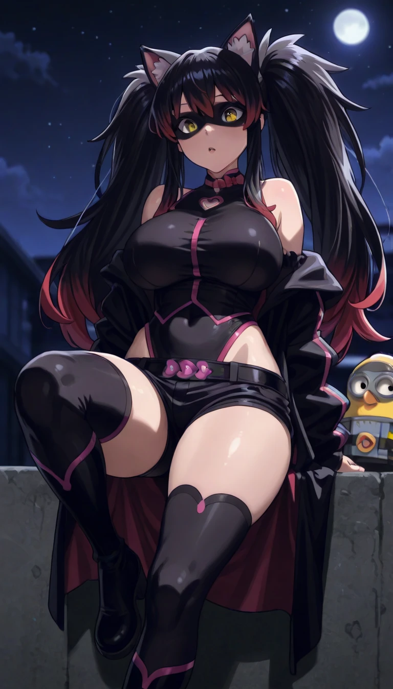 (night:1.7), , , collarbone,choker,black outfit,belly button, Torn_Clothes, Torn_Legwear,rock,collar, Pauldrons, High Leg,boots,Knee socks, purple_eye,,black_hair,very_length_hair,elbow_gloves, 1 girl, 20 years,Mature Woman,beautiful Finger,beautiful length legs,beautiful body,beautiful Nose,beautiful character design, perfect eye, perfect face, looking at the Viewer, (Innocent_big_eye:1.0),smile,evil_笑face,evil_face,Grin,View,, collarbone,choker,black outfit,belly button, Torn_Clothes, Torn_Legwear,rock,collar, Pauldrons, High Leg,boots,Knee socks, purple_eye,,black_hair,very_length_hair,elbow_gloves, 1 girl, 20 years,Mature Woman,beautiful Finger,beautiful length legs,beautiful body,beautiful Nose,beautiful character design, ,, looking at the Viewer, ,, ,Official Art,Highly detailed CG Unity 8k wallpaper, Perfect lighting,colorful, , (masterpiece:1.0),(Highest_quality:1.0), 超High resolution,4K,Very detailed, photo shoot, 8k, High resolution, High resolution, Confused:1.2, Kodak Portrait 400, Film Grain, Blurred Background, Bokeh:1.2, Lens flare, (Vibrant_color:1.2) (beautiful,big_chest:1.4), (beautiful_face:1.5),(narrow_Waist),alone,naughty face,(evil huge laugh:1.1),saded face,smile worst,