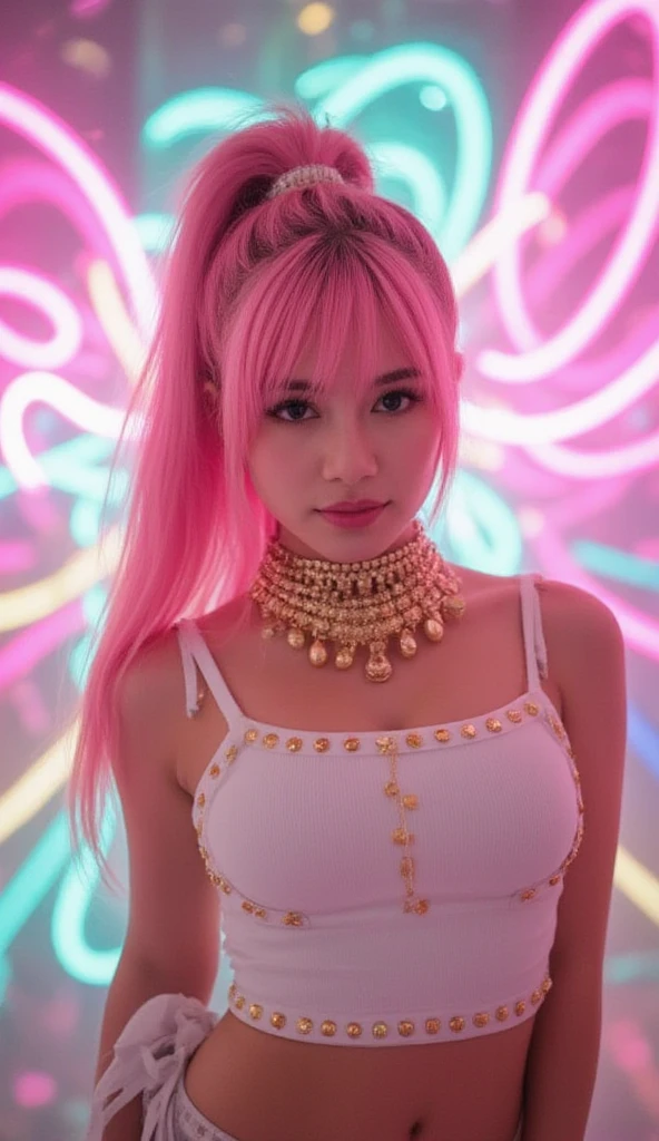 Cute girl, brown skin, with very bright pink hair, tall hair, very bright green eyes, flying, sky Background, purple outfit