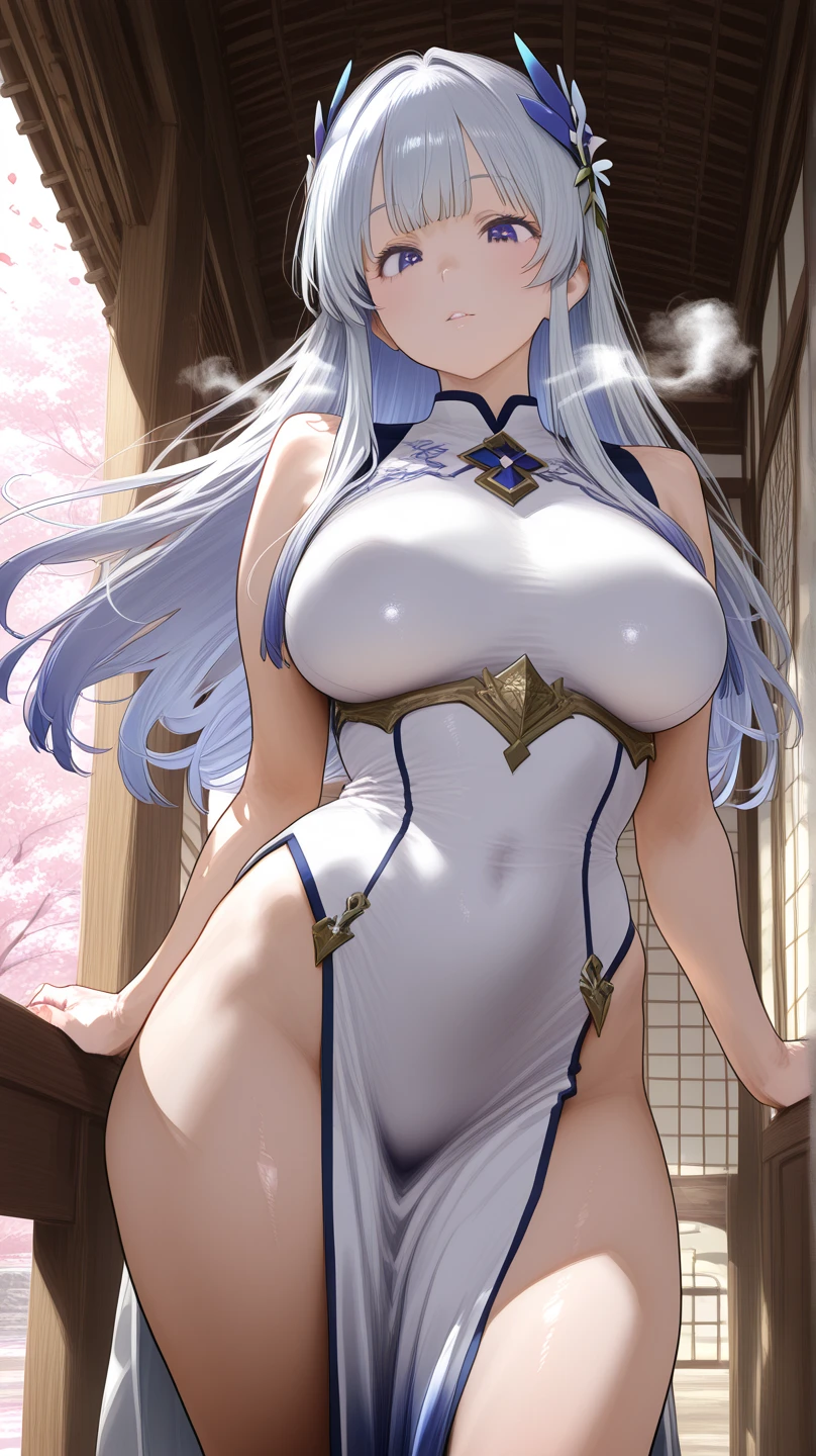 1girl, , anastasia, Blue eyes, GREY HAIR, HAIR BETWEEN EYES,, LONG HAIR, bangs,, 17years old, large Breasts, , , , empty eyes ,Russian palace, Walking, Blank look, frozen, (Sweating profusely, , Wet Woman, ), , crying ,crying, , , (1girl) solo, Peeing, , projectile 