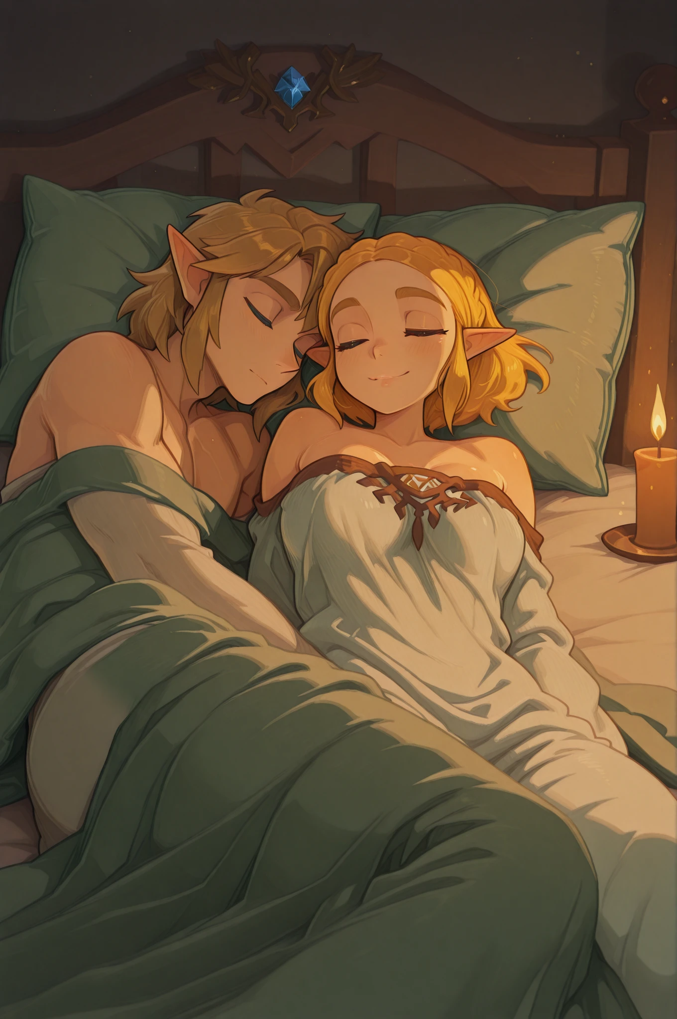 source_anime,score_9,score_8_up,screencap, anime screencap, BREAK, A  young man lying face down on a bed, facing towards you., Brown hair, look at viewr, toppless, Smile、Cool men, 1girl, qboy, male focus, blonde male, link, muscular, in bed, zelda, laying on side, side view, covered legs in a blanket, couple