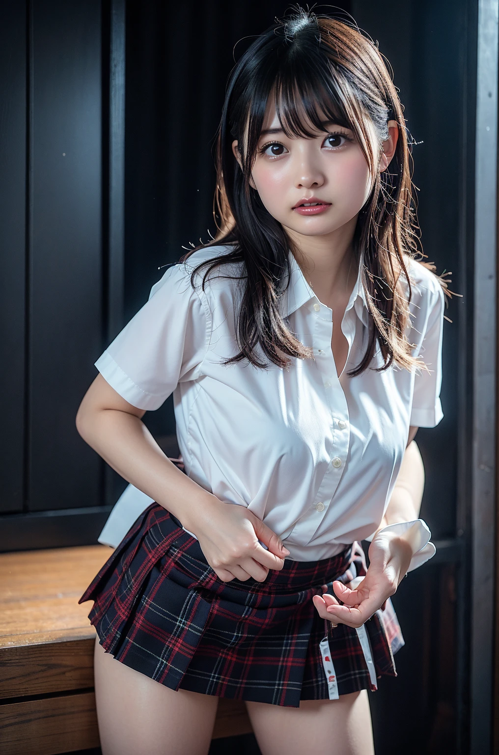 ((8K, RAW Photos, of the highest quality, Masterpieces), High detail RAW color photo professional photograph, (Realistic, Photorealism: 1.37), (Highest Quality), (Best Shadows), (Best Illustrations), ((Cute, Beautiful, Ultra High Resolution, High Definition CG Unified 8K Denden Wallpaper, Physically Based Rendering, Movie Lighting), analog style, Elegant, grateful, UHD 8K, Digital SLR, FujifilmXT3, Vibrant, Candid, Dramatic immersive sunset, (Detailed face, Skin Texture), Film grain, Natural light, looking in camera,(Idol), (1 japanese girl),((a photo of girl, 16 yo)), ((a short bob)),((White blouse with collar)), (thick thighs), ((Knee Length Little  Pleated Skirt)), ((Looking at Viewer:1.2)), ((Showing :0.9)), (low angle shot), ((peer in from below)),((Cowboy Shot)),so sexy, Very beautiful, very very kawaii,School , wakame