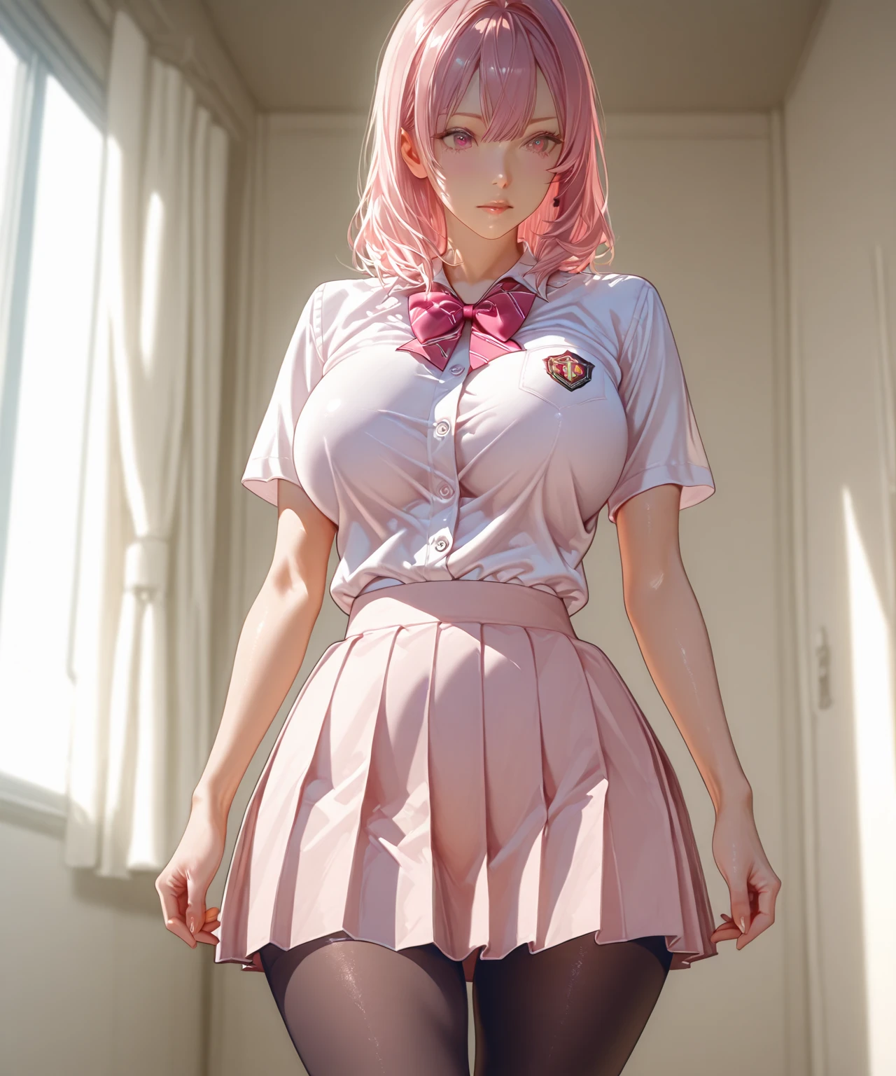 Beautiful illustration、top-quality、Cute little girl s、Bedroom、A pink-haired、length hair、(((Pink pleated skirt)))、(((pink sailor suit)))、shortsleeves、Colossal tits、a navel、Flipping up the skirt with your hands、Show white 、Pull up your skirt and show your 、-legged、blue eyess、on the beds、lovely thighs、glowing thigh, , 