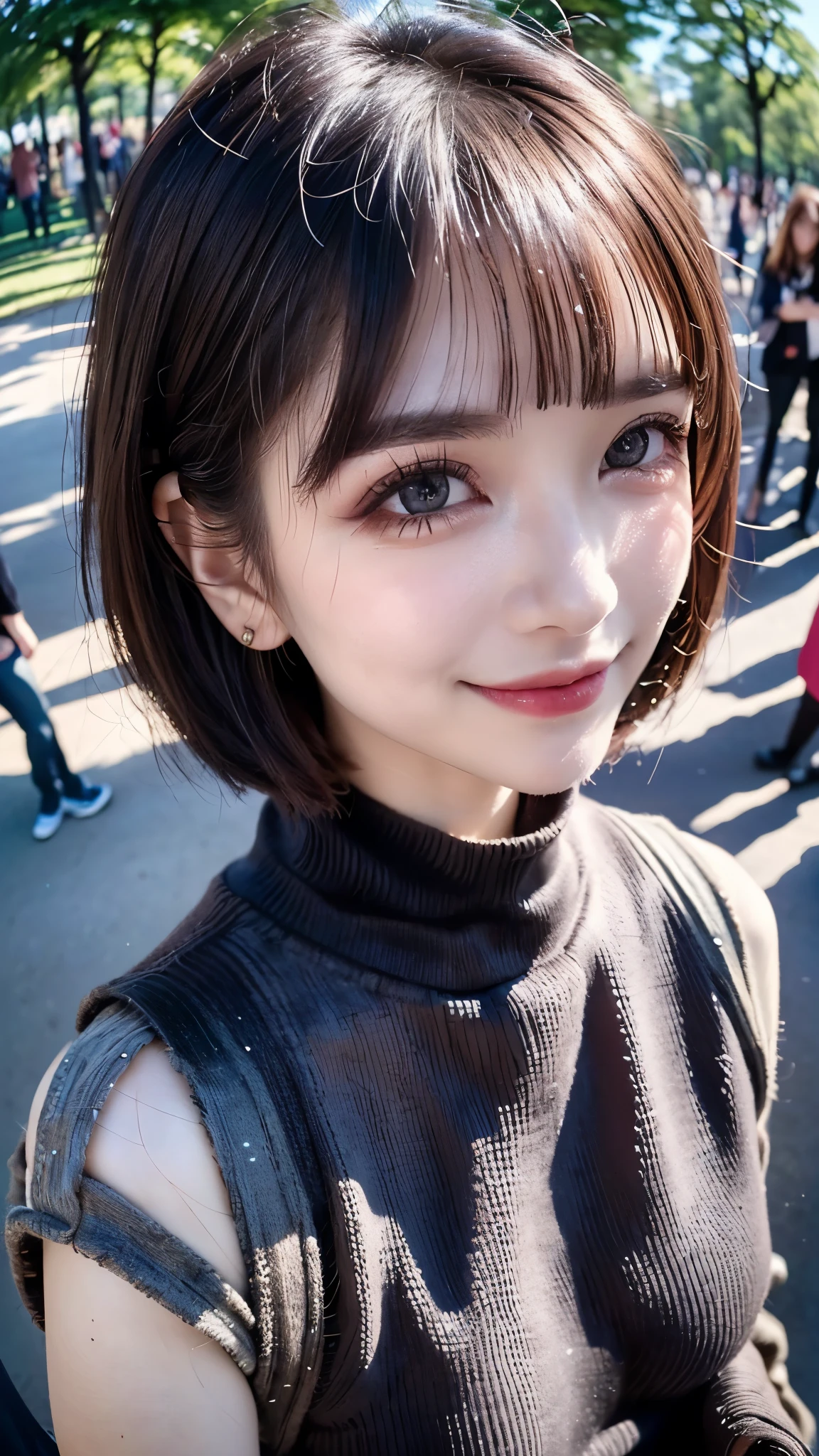 masutepiece, Best Quality, Photorealsitic, finely detail, hight resolution, 8K Wallpapers, Perfect dynamic composition, Beautiful detailed eyes, Medium Hair, large full breasts, Random and sexy poses,Bring your chest together、(Ultra Small Mock Neck Crop Tank Top Black Knitwear)、(Breast bulge 1.2)、A smile、open open mouth、Resort scenery、23years old、(Drooping eyes 1.4)、Adult beauty、japanes