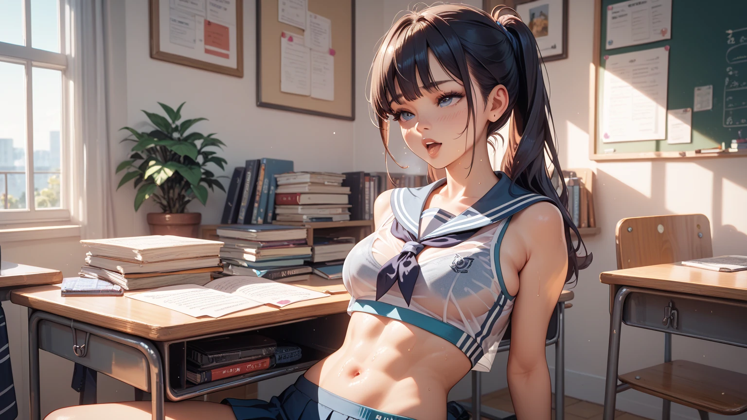 (low noise:1.8),(8k, Super RAW photo, best quality, masterpiece, soft cinematic lighting, soft color:1.4),(looking at camera:1.3),(POV,detaileds beautiful eyes focus:1.3),sailor ,(covered :0.6),,(clothed:ed white uniform,(:1.4), white skirt, white top, red ribbon, golden buttons, golden shoulder pats, young adult, 20 years, (embarrassed,blush:1.5),clear skin,blonde hair,half updo hair, open mouth,(detaileds beautiful brown eyes:1.3), big , striking body curves, smile, pink lips, tiny girl, cute pose,kneeling, masterpiece, (dark room,room full of trash background, school:1.6)
