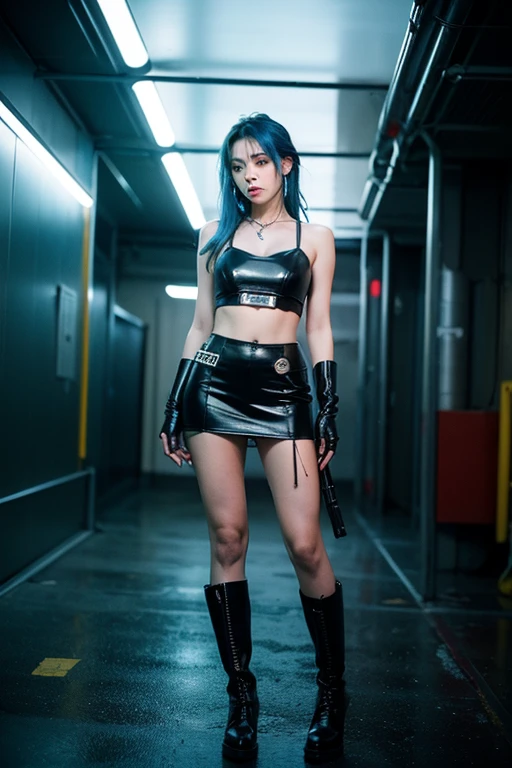 (((0.7)))，Better Quality, Realist, Award-Winning Illustration, (Intricate details: 1.2), (Fine Detail), (Intricate details), (Cininatic Lights, Better Quality Backlight), Crisp Lines, Sharp focus, Official Art, unity wallpaper 8k, Absurd, unbelievably Absurd, Huge file sizes, Ultra- (in_main_two:1.21), (Neon lamp), Fantasy art, RTX,((triangle closeup photo by award winning studio )), 1 girl, so beautiful, (run away), small , ((two da cidade cyberpunk, Valkyrie)), Perfect hands, Beautiful and fine details, Perfect Face, (Cyberpunk Blouse, leather jacket, Martin boots) ,((Pleated skirt) ), ((Supermodel posture)),((Big Breasts)),()