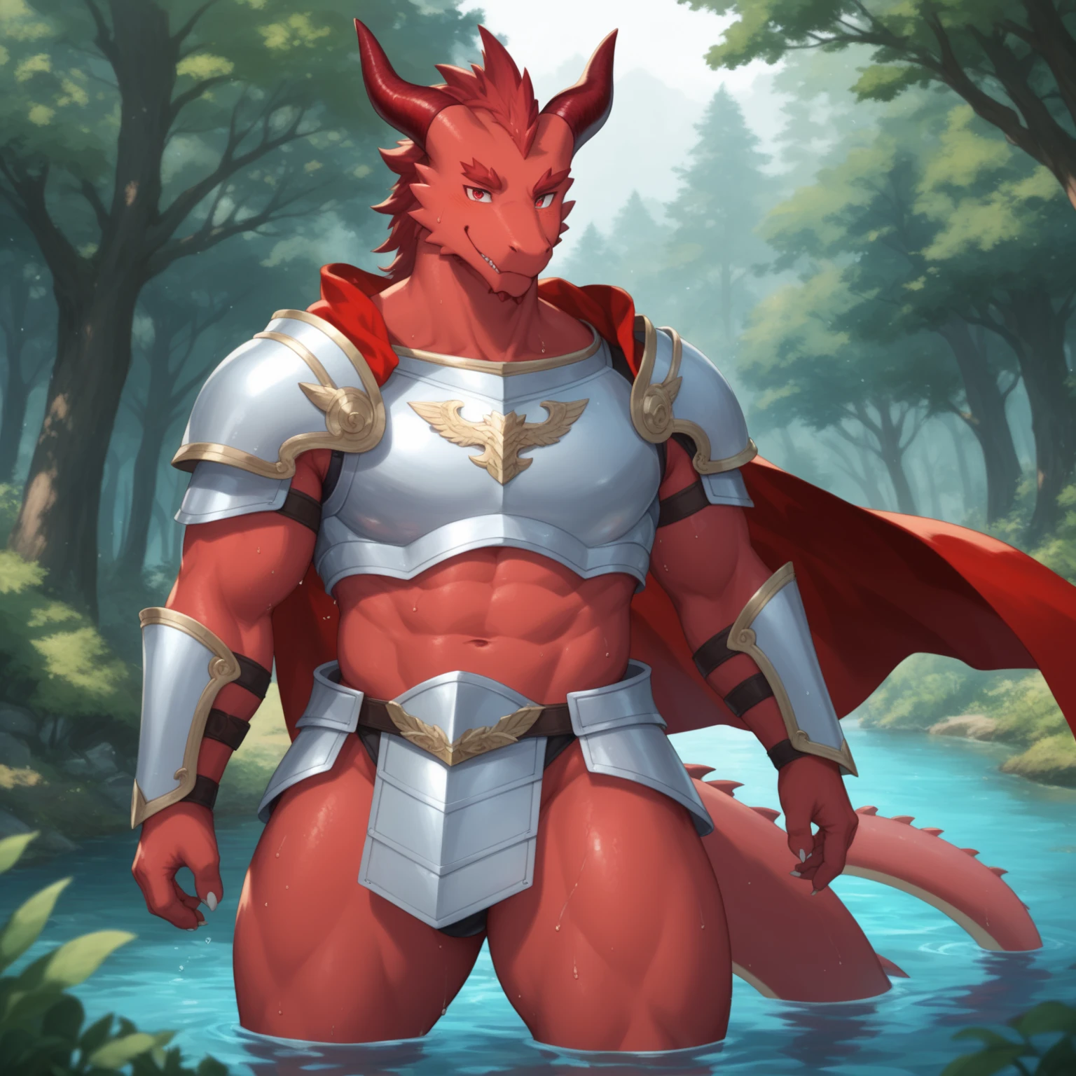 ultra-detailed, masterpiece, masterwork, high quality, best quality, hdr, (nature), , male, solo, dragon, ((bulge fundoshi)), chibi, (little red body minotaur), (white chubby body), (long golden hair, yellow eyes), standing, front view, lower view, dynamic angle, public hair, (cross your arms), earrings