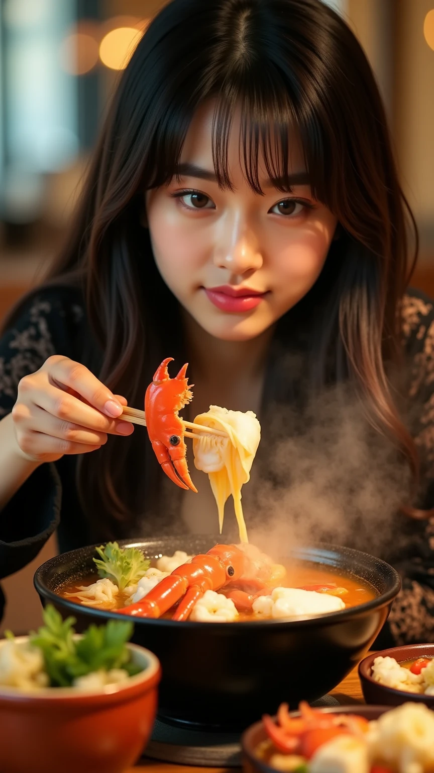 (2 girls) (Two 18-year-olds.o Swedish girls are mysterious, slim and beautiful、Attractive and shy),Holding chopsticks, Eat ramen, Multiple large bowls of steaming hot:1.5 bowls of giant crab leg lobster ramen, Sweaty and oily skin, Subtle laughter,Looking straight at the camera, Perfect slim face,narrow jaw,Highest quality, Professional Lighting, Very detailed, Realistic,Delicious steamed octopus、Lobster claws、Fried egg、Seaweed、Served in an ornate, high-quality porcelain bowl, Upper Body,Beautiful and detailed green eyes,Long golden blonde hair,Blonde eyebrows, smokey eye shadow, Wearing a tube top with white lace strings visible through it, shoulders, Sunburned face, , Rustic wooden table top, A gorgeous art museum with paintings on the walls, Bokeh, Strong sunlight from the window,(Outside the window it is snowing):1.3,Outside the window there's a blizzard,God's Rays, Backlit hair, Vintage 2000s RAW photos, photoRealistic, Film Grain, hidden camera, Color graded film-like, Eye-catching light, Atmospheric lighting, Macro photography, Skin pores, Imperfection, nature, Shallow depth of field