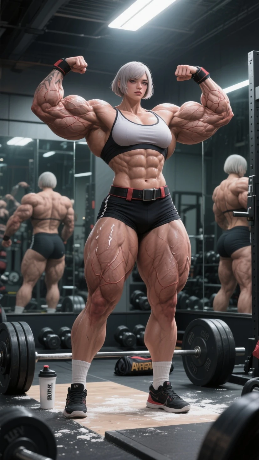 (megan fox), ((((female bodybuilder)))), (((((very muscular))))), (((huge upper body))), (((narrow hips))), long hair, ((black )), ((((full body front view)))), ((perfect hands, perfect fingers)), ((grey background))