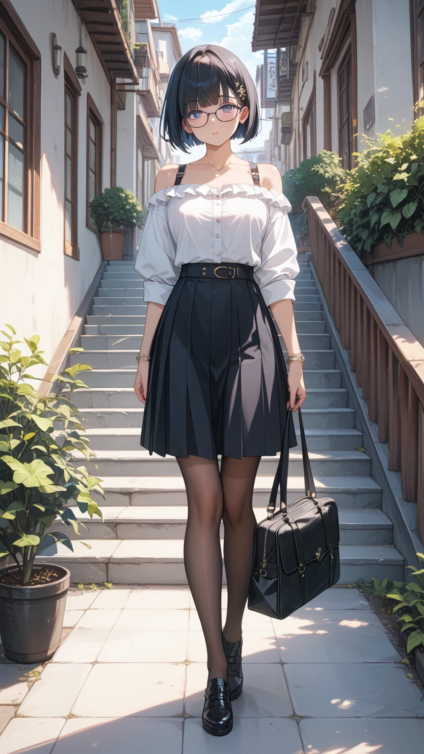 mavis de pie en vestido ajustado con medias de color rojo y , ponytail, detallada, , purple eyes, , absurdo, busto grande, manos detalladas, dia soleado, mirando a la camara hd 4k, realistic, one girl, una chica.