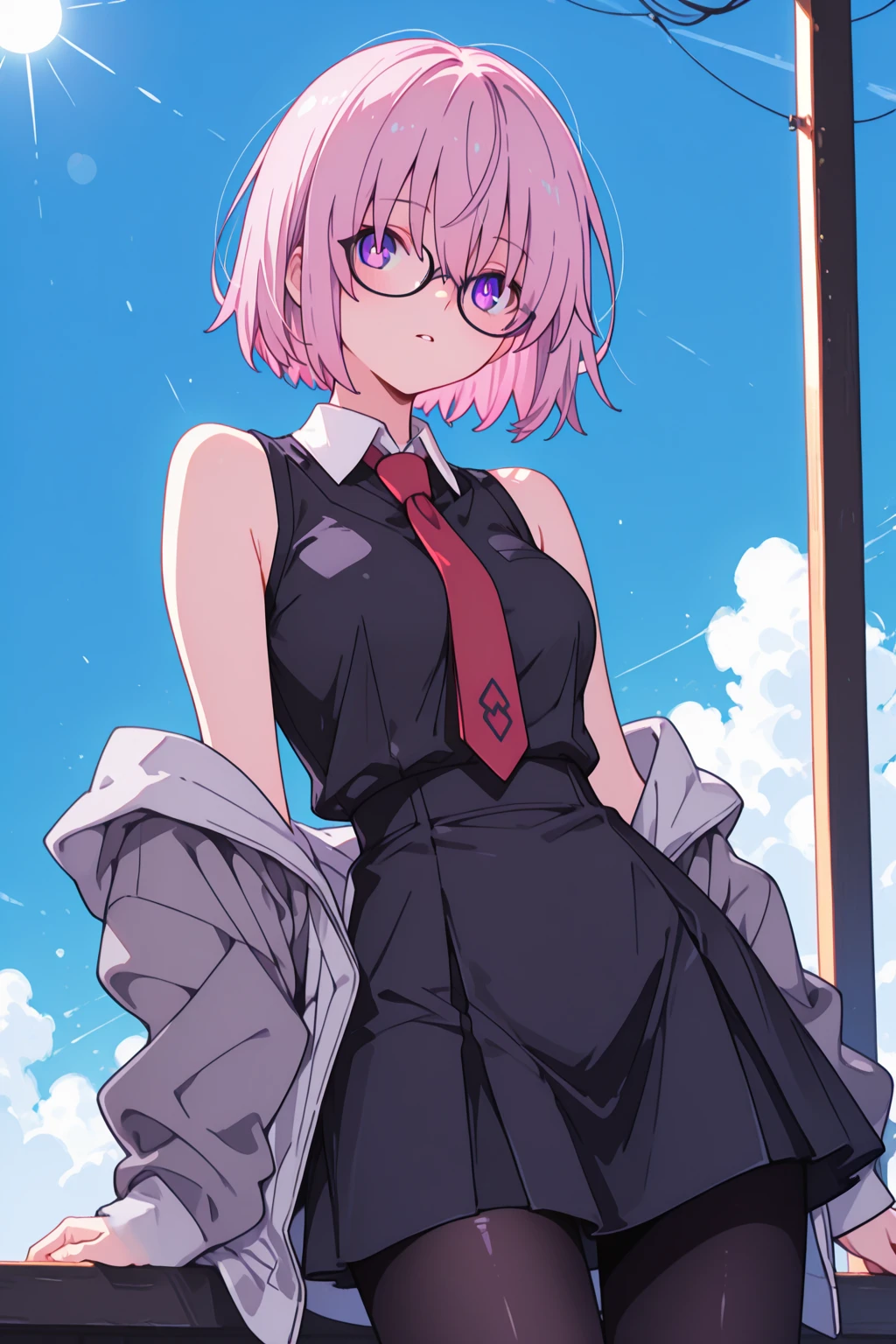 Anime girl with pink hair and glasses walking down a street - SeaArt AI