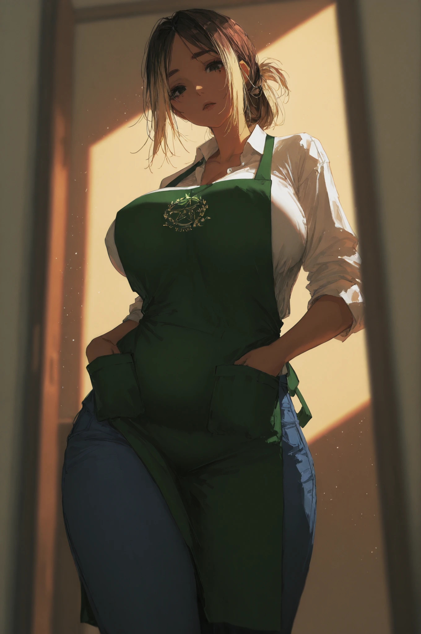 1 girl, curvy girl, , green corset, white  shirt, white opened shirt, ,  slips, big , tan akin, long curly blonde, huge grey eyes, short red tartan skirt, , , (((sexy posing, dynamic pose))), wit two milk jars, indoors, old kitchen.
