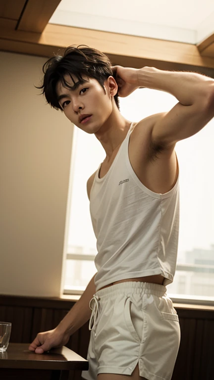 full body, 1 person, 18 year old, muscular man, korean, , wearing white jockstrap, sexy, soft light, Zoom in for a close-up, Masterpiece, best quality, photo realistic,sit, classroom.