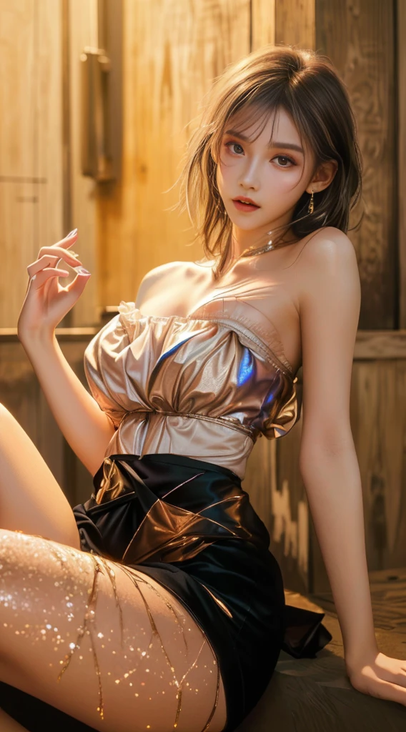 ((Highest quality)),(Ultra-high resolution),(Very detailed),(Detailed Description),((The best CG)),(masterpiece),Highly detailed art、Small breasts、(((See-through dress 1.5)))、hair ornaments、Tie your hair、Sparkly necklace、Ultimate Beauty 1.5、(((Cover your chest with both hands 1.5)))Blonde Hair Color、Smiling gently 1.2、、A different world、