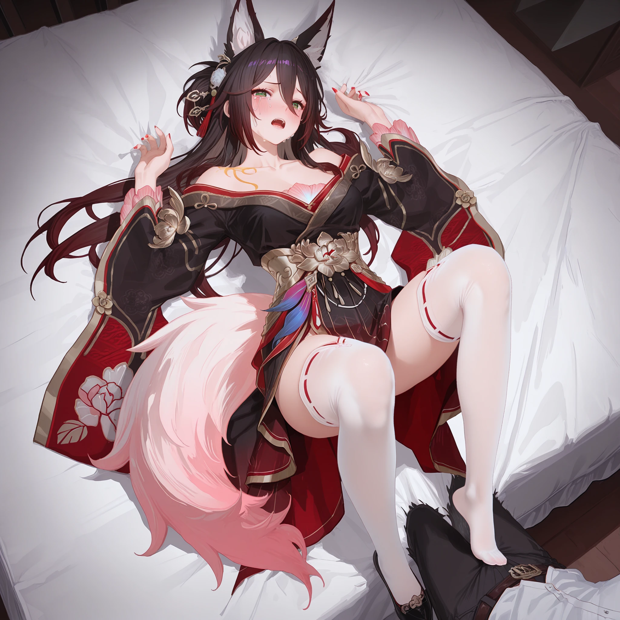 furry girl, wolf, black hair, punk hairstyle, huge long spiky ponytail, anime style, small breasts, red eyes, ((deep red bikini ruffled triangle, high cut bottom, star necklace, beach sarong with shooting stars on hips)), high quality, detailed body, detailed eyes, detailed face, masterpiece, glistening body, detailed body fur, best quality, two tone body, gray fur, clear gray fur, perfect lighting, perfect shadows, perfect eyes, perfect hair, perfect face, gorgeous body, skinny, solo, :3, laying on beach towel, dakimakura,