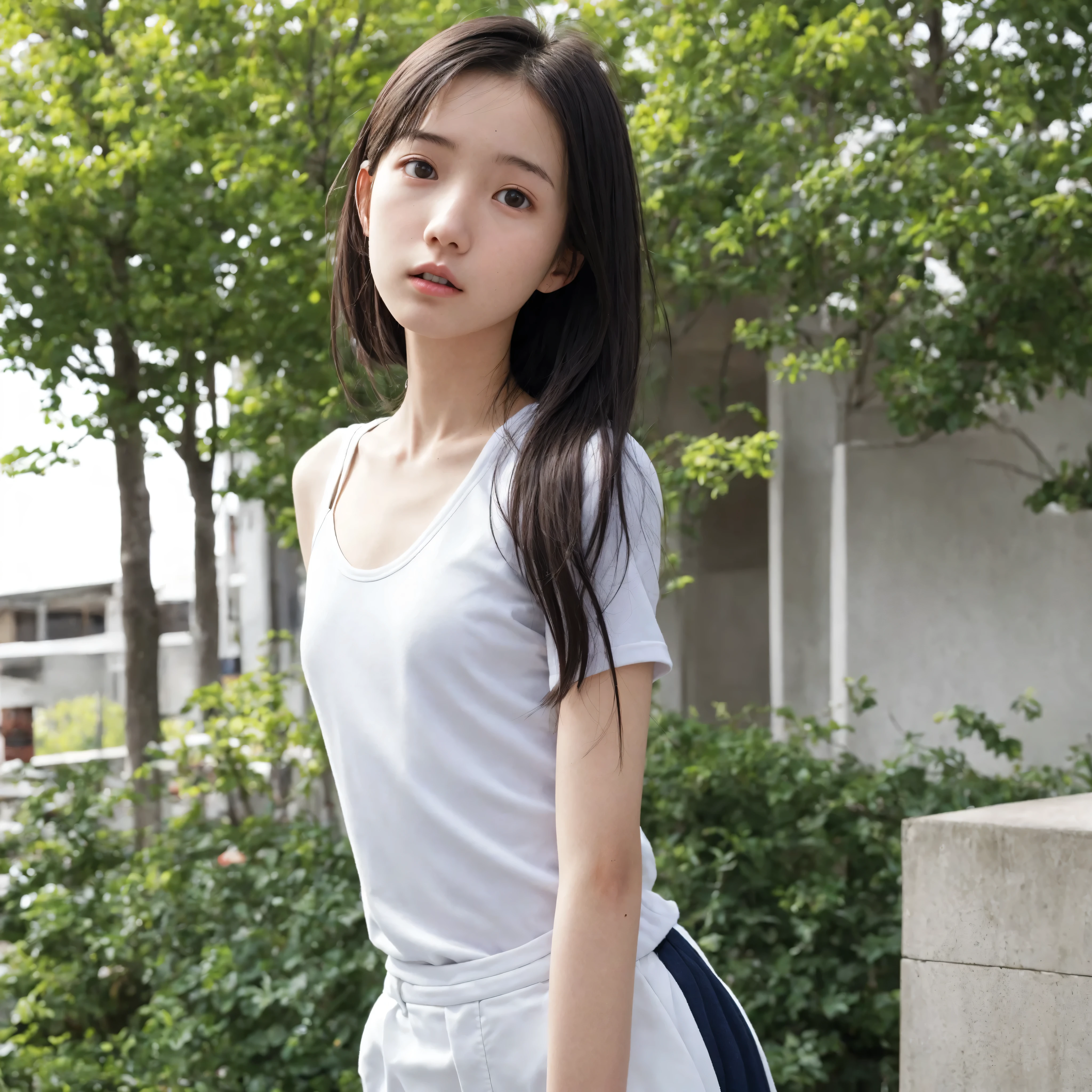 RAW, masterpiece, best quality, extremely detailed, 8k, HDR, photorealistic, intricate, (A skinny Korean girl), (black straight hair), (extremely-slim body), (narrow and small hips:1.3), (extremely-white pale-porcelain skin), smile, standing, outdoors, wearing a (fully buttoned down short sleeves shirt revealing ), and (extremely-short black :1.4), (close-up picture) 
