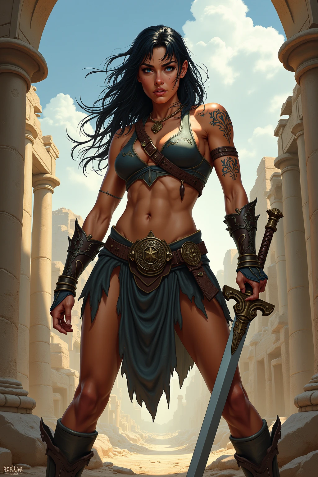 a young female space fighter pilot based on Michelle Rodriguez, sci-fi illustration, highly detailed cinematic fantasy portrait, black outlining, full color illustration, in the style of BORIS VALLEJO & JULIE BELL, masterpiece, 8k, ultra-detailed, physically-based rendering, vivid colors, dramatic lighting, intricate background, fantasy, photorealistic