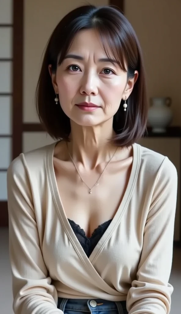 Sharp focus, Beauty, Late Elderly, gravure, Face close-up, Heavy makeup, Highest quality, Super detailed, Realistic, Highly detailed skin, Perfect , (Japanese Mature), (alone), 100 years old, Big Breasts, Mature , Glamour, Sexy, Chromo White Skin, View Viewer,
