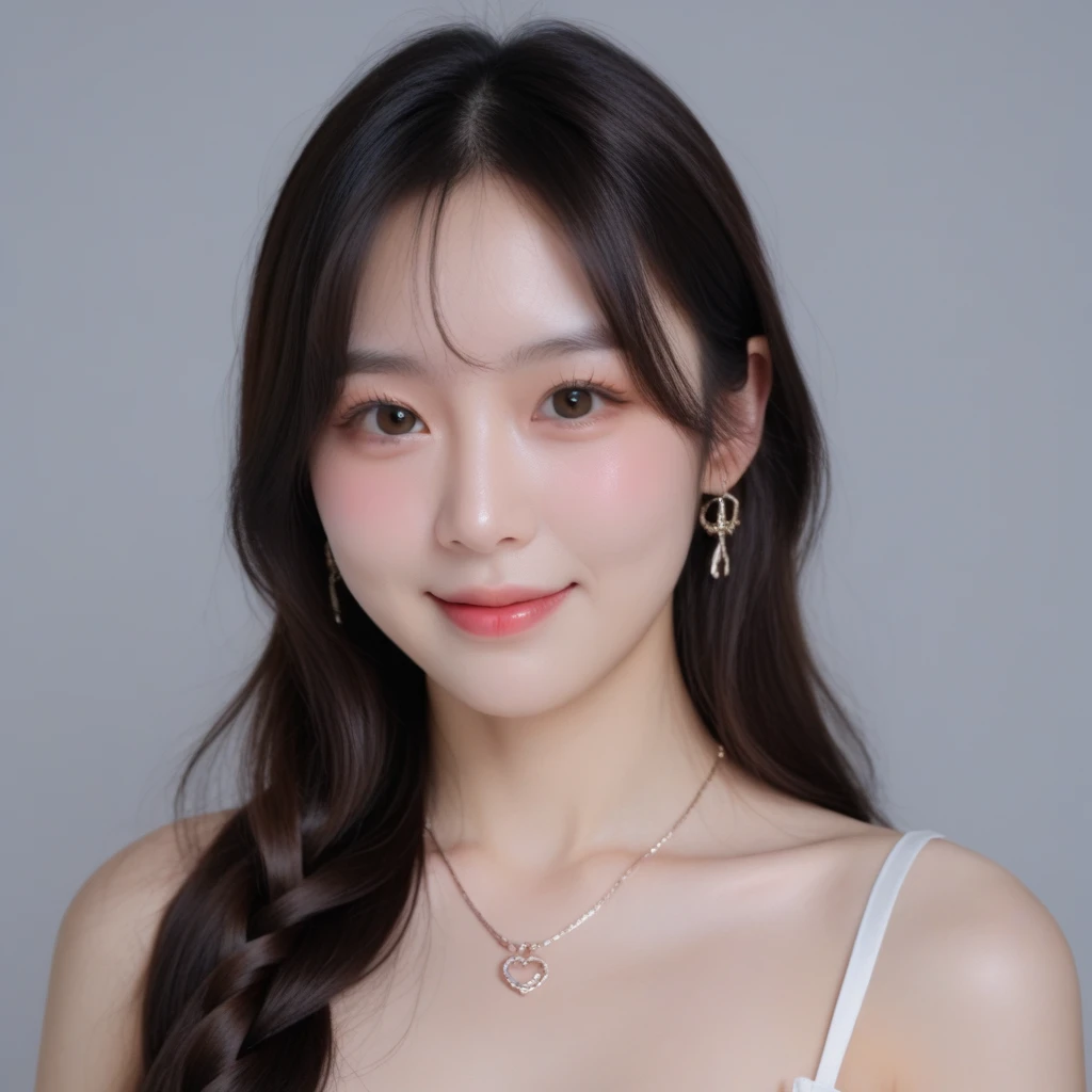 (Canon RF85mm f/1.2,best quality,Reality:1.4,light),(1 girl,Korean mixed,Korean Idol:1.2,beautiful long_Slim_leg),(long_Brown_Wavy_hair),(pink_shining_Lips,pink_Eyeshadow,eyelash,powder_blush,cosmetic),(White_shining_skin,black eyes,Pores,skin texture,shining),(necklace,earrings),Large Breasts,Smile,Dynamic poses