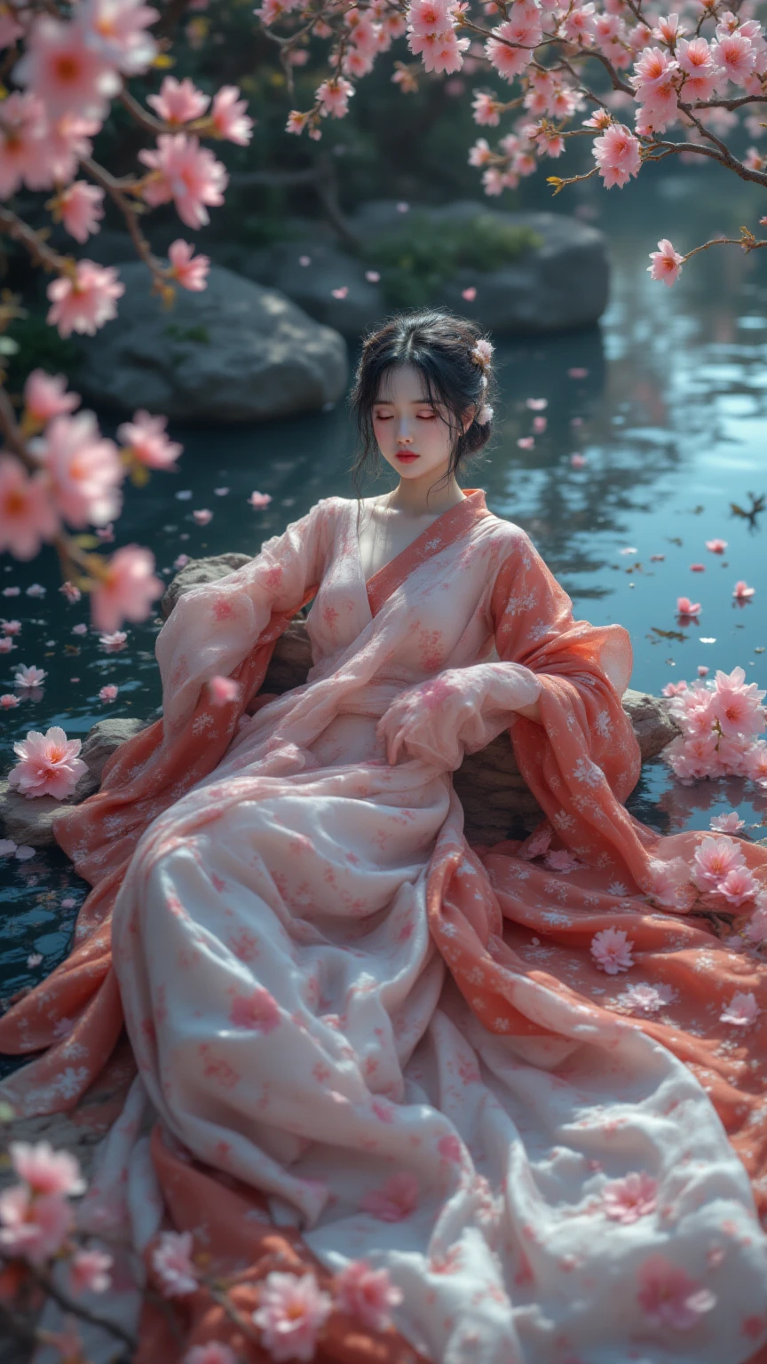 There was a woman sitting on the ground,Holding a flower in hand, Palace , A girl in Hanfu, White Hanfu, Hanfu, Ethereal beauty, Wearing ancient Chinese clothes, Princesa chinesa antiga, Chinese girl, Traditional Chinese clothing, Inspired by Lan Ying, elegant japanese woman, with acient chinese clothes, a beautiful fantasy empress, China Princess, Chinese style, Chinese woman,ulzang-6500-v1.1,(RAW photogr:1.2),((realisticlying:1.4)),best qualtiy,tmasterpiece,illustratio,Extremely Delicately Beautiful,astounding,finedetail,offcial art,Very detailed CG unity 8K wallpaper,absurderes,Incredibly Ridiculous res,hugefilesize,ultra - detailed,A high resolution,Beautiful Meticulous Girl,extremelydetailedeyesandface,beatiful detailed eyes,Light on the face,cinmatic lighting,((extremely pink tight suit clothing)),1girll,full bodyesbian,full body shot shot,looking at viewert,((blissful)),Best detail background,Lotus,Lotus leaf,Court gardens,lotuses,ponds,Canon 85mmd